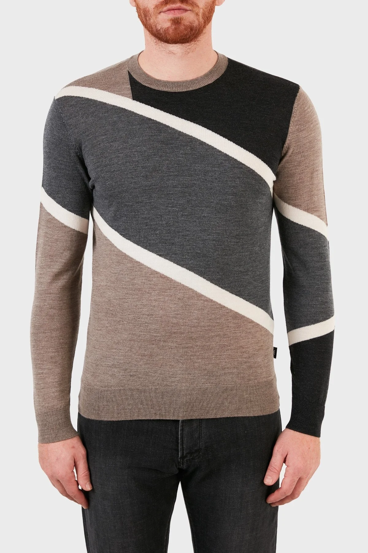 Emporio Armani Renk Bloklu % 100 Saf Yün Bisiklet Yaka Erkek Kazak 6K1MTD 1MXPZ F137 BEJ-GRİ - 1