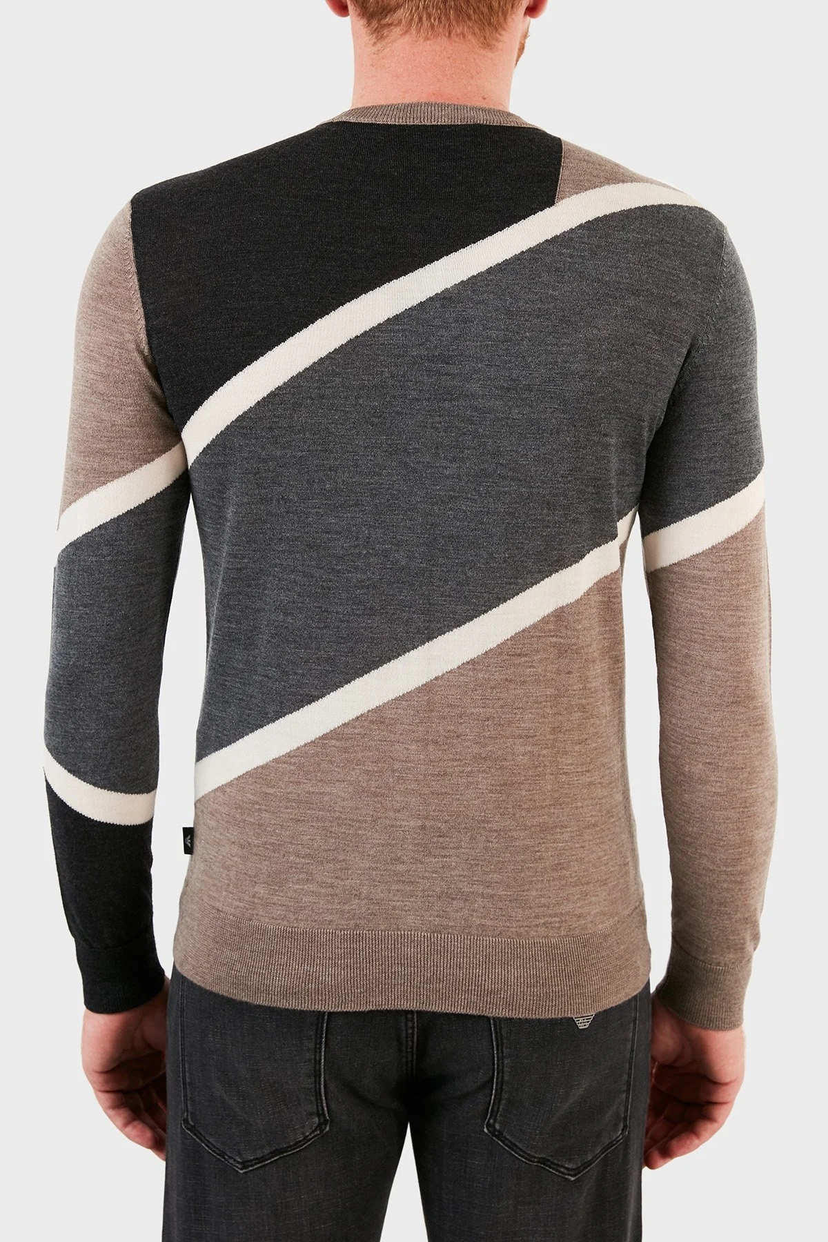 Emporio Armani Renk Bloklu % 100 Saf Yün Bisiklet Yaka Erkek Kazak 6K1MTD 1MXPZ F137 BEJ-GRİ - 3