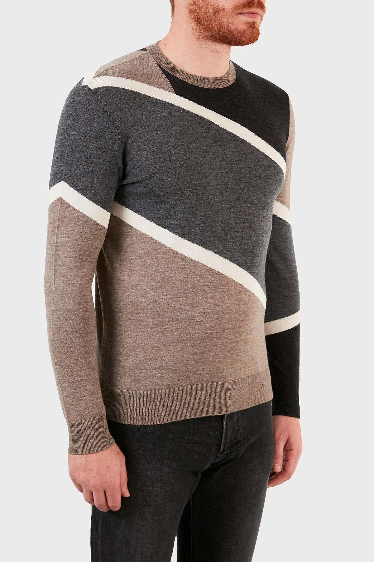 Emporio Armani Renk Bloklu % 100 Saf Yün Bisiklet Yaka Erkek Kazak 6K1MTD 1MXPZ F137 BEJ-GRİ - 4