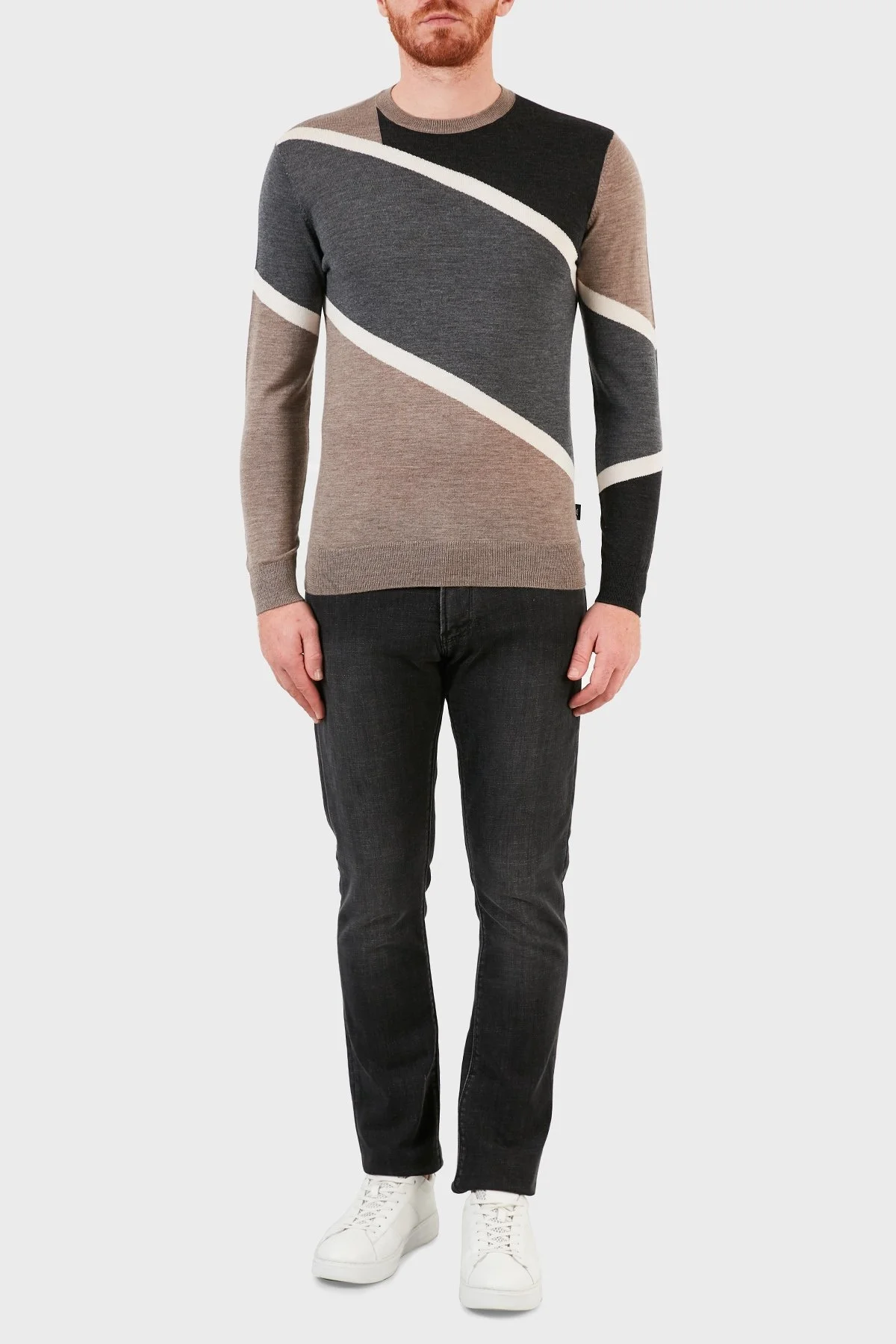 Emporio Armani Renk Bloklu % 100 Saf Yün Bisiklet Yaka Erkek Kazak 6K1MTD 1MXPZ F137 BEJ-GRİ - 5