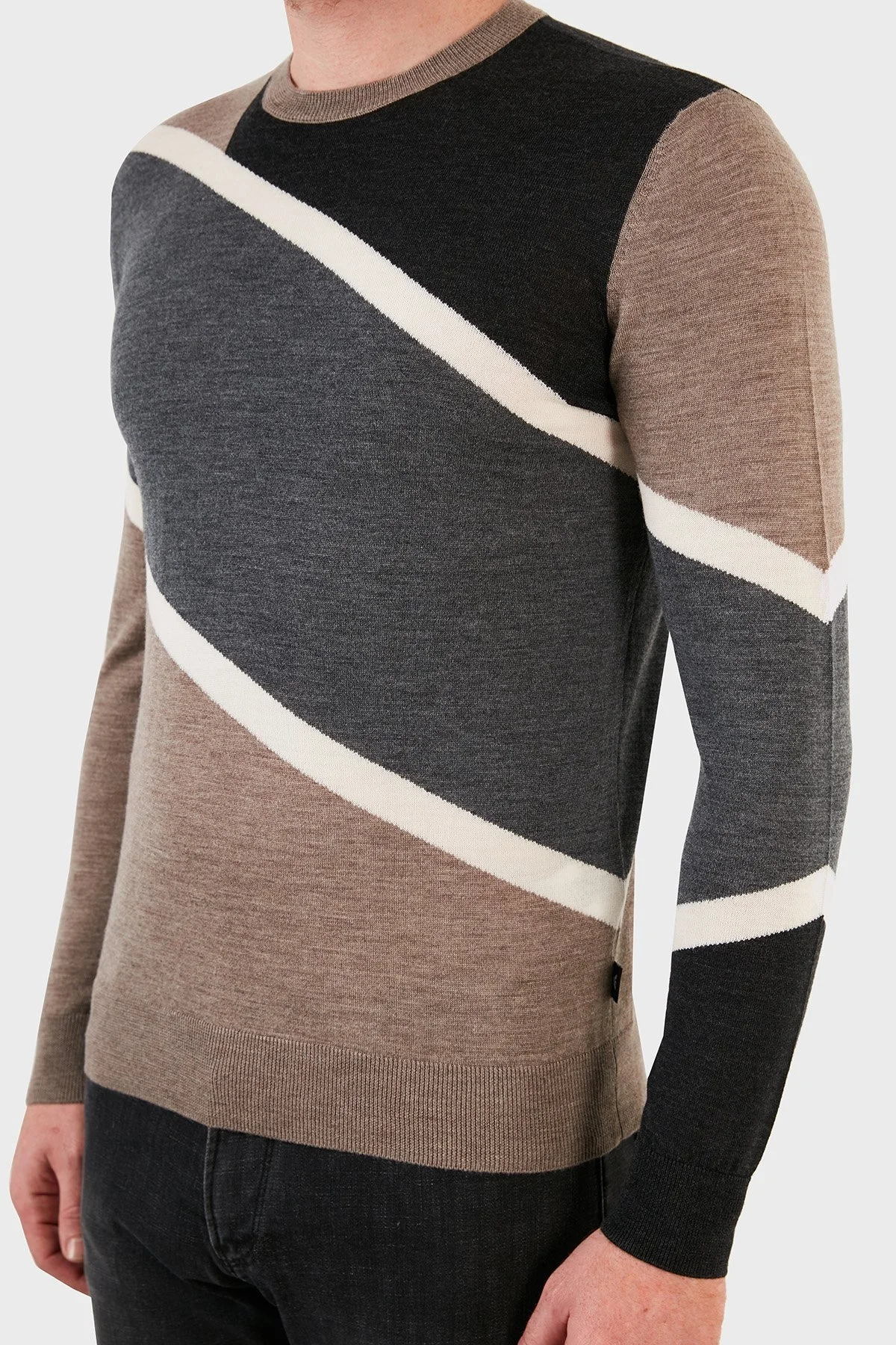 Emporio Armani Renk Bloklu % 100 Saf Yün Bisiklet Yaka Erkek Kazak 6K1MTD 1MXPZ F137 BEJ-GRİ - 6