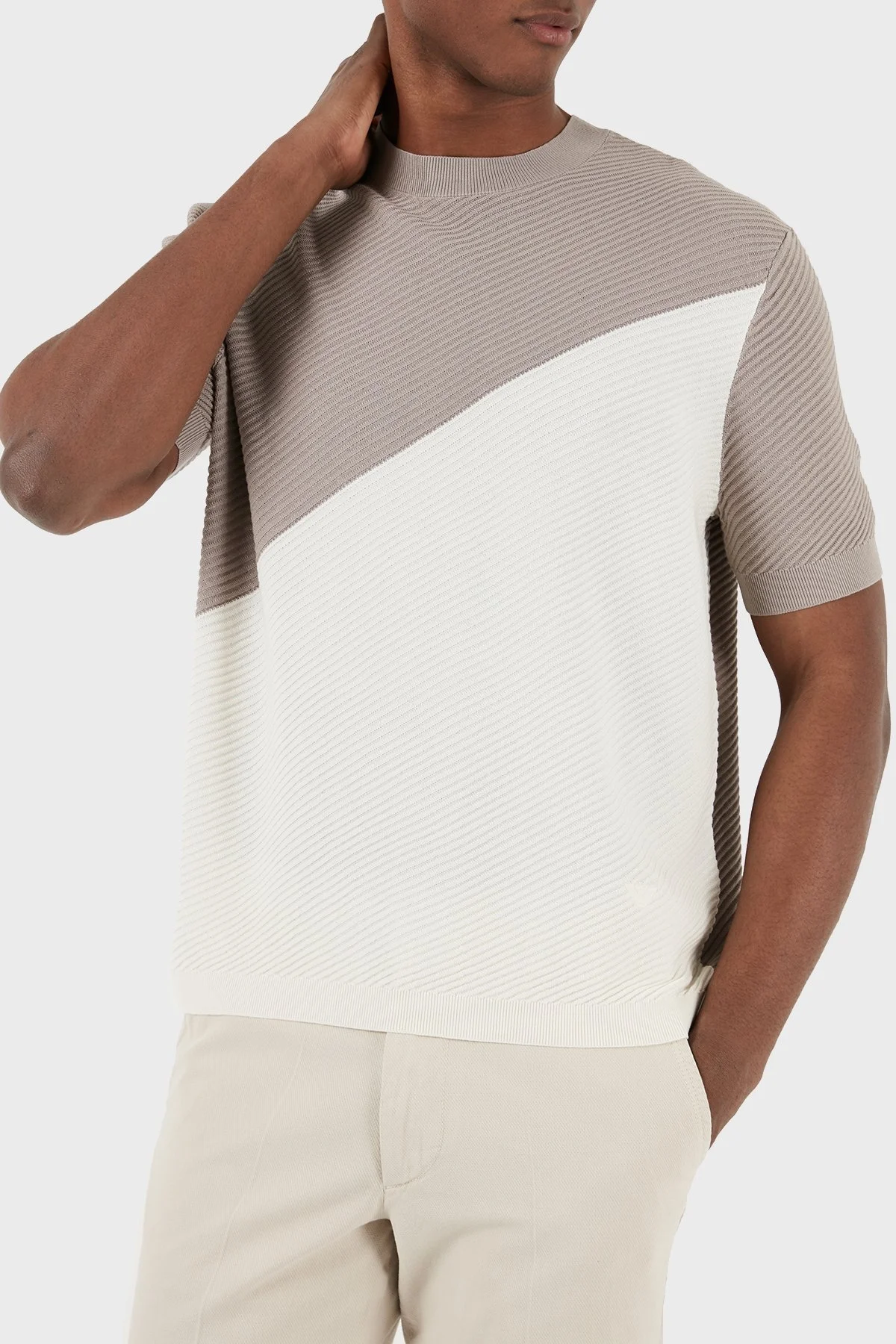 Emporio Armani Renk Bloklu Bisiklet Yaka % 100 Pamuk Triko Erkek Kazak 3D1MXW 1MQFZ F633 BEYAZ - 4