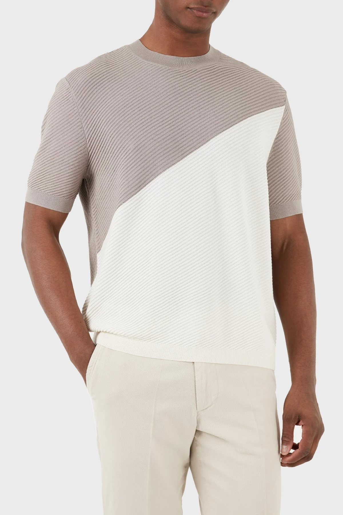 Emporio Armani Renk Bloklu Bisiklet Yaka % 100 Pamuk Triko Erkek Kazak 3D1MXW 1MQFZ F633 BEYAZ - 5