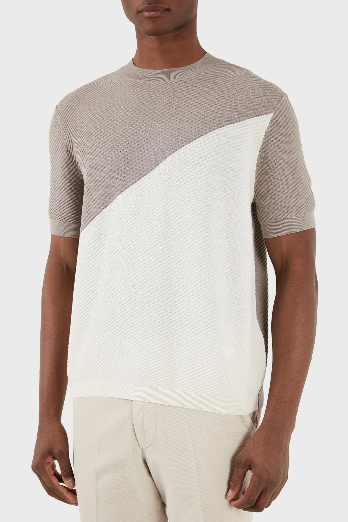Emporio Armani Renk Bloklu Bisiklet Yaka % 100 Pamuk Triko Erkek Kazak 3D1MXW 1MQFZ F633 BEYAZ - 6