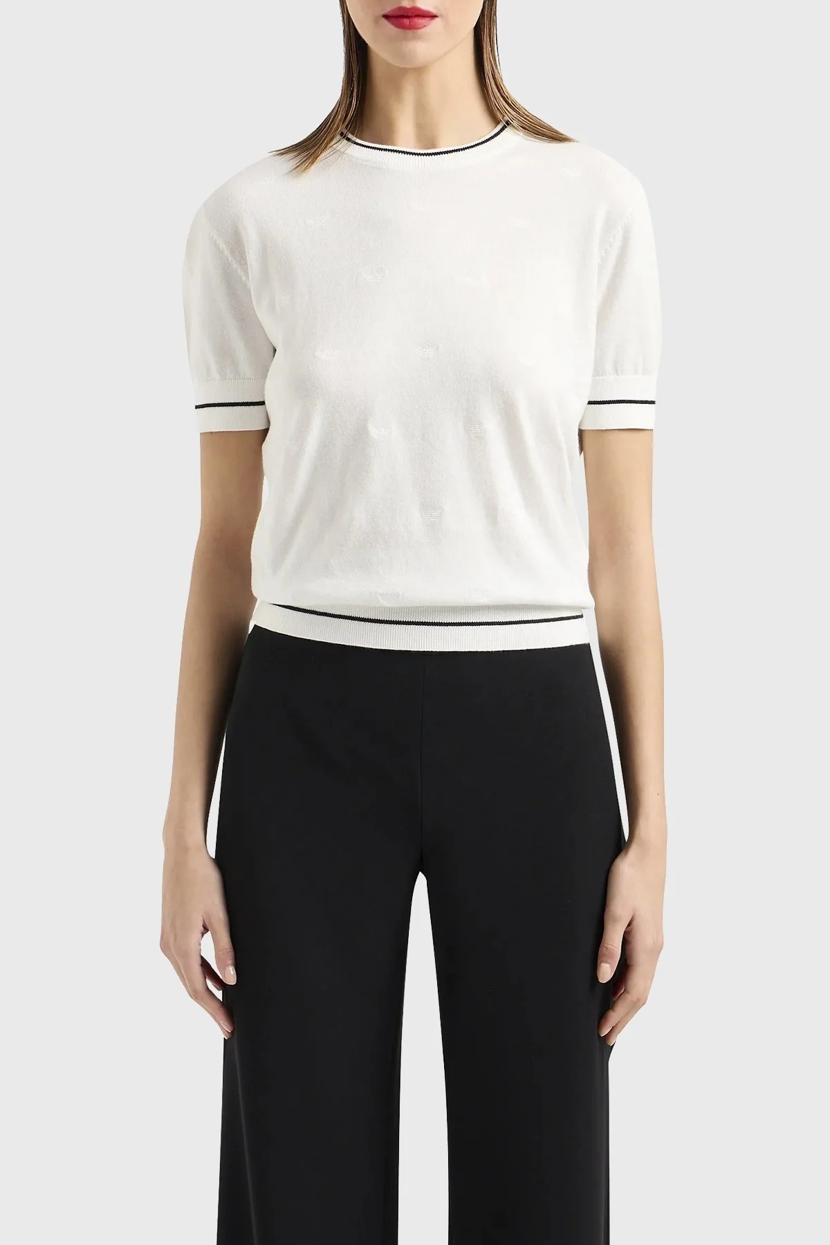 Emporio Armani Saf Pamuklu Bisiklet Yaka Bayan Triko 3D2MTD 2M04Z 0101 BEYAZ - 1