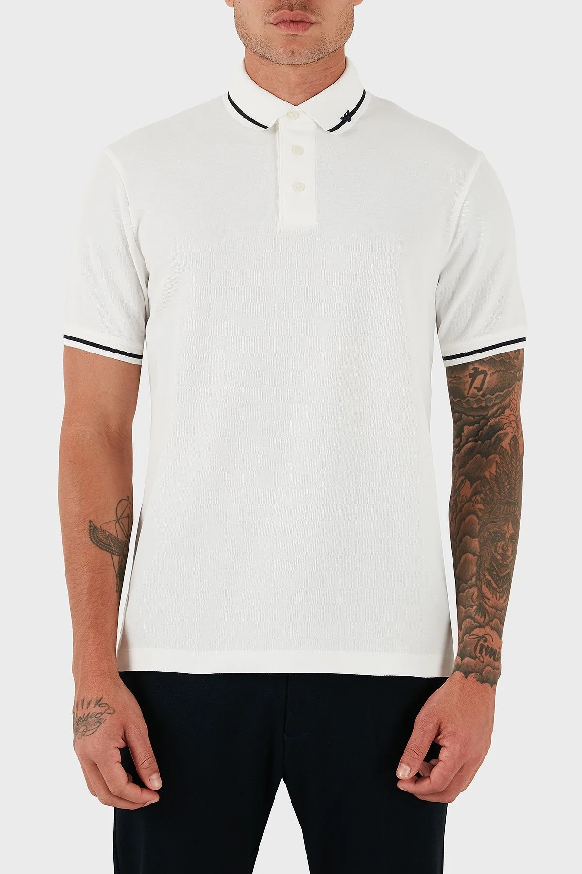 Emporio Armani Şerit Detaylı Pamuklu Regular Fit Düğmeli Erkek Polo Yaka T Shirt EM003003 AF10497 U0003 BEYAZ - 1