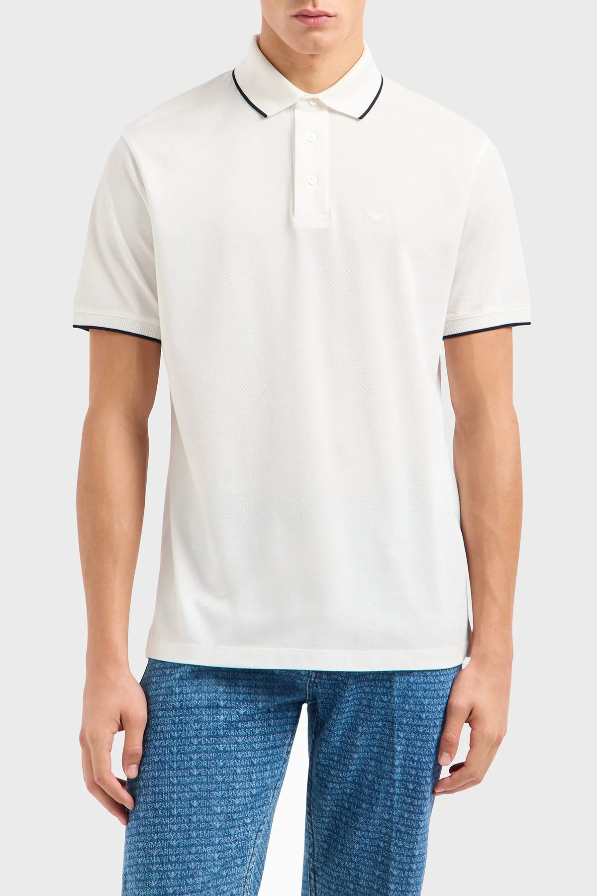 Emporio Armani Şeritli % 100 Pamuk Düğmeli Erkek Polo Yaka T Shirt EM000858 AF12955 U0003 BEYAZ - 1