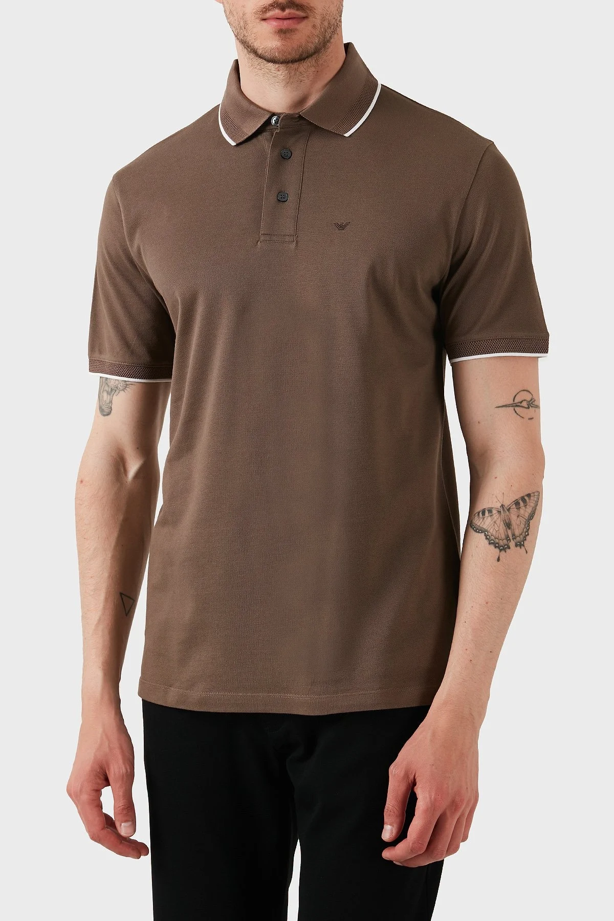 Emporio Armani Şeritli % 100 Pamuk Düğmeli Erkek Polo Yaka T Shirt EM000858 AF12955 U6195 KAHVE - 1