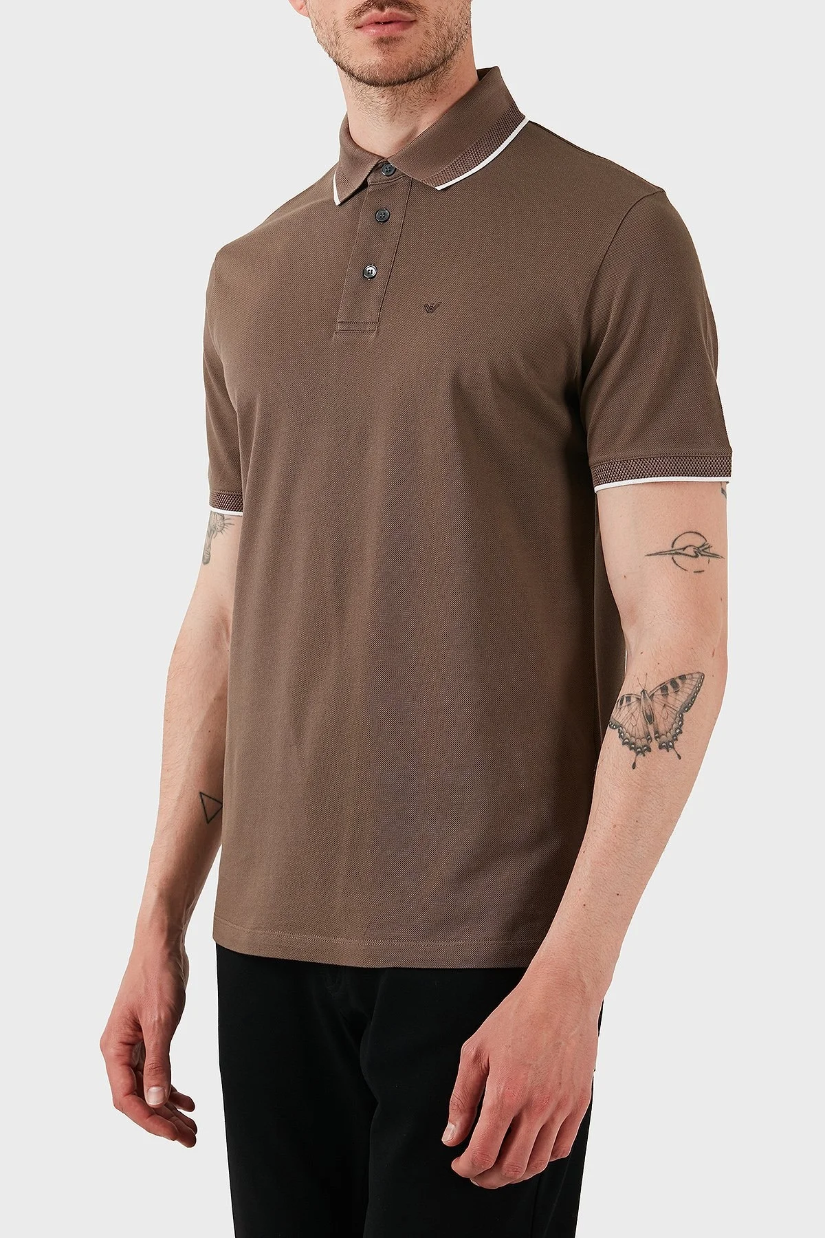 Emporio Armani Şeritli % 100 Pamuk Düğmeli Erkek Polo Yaka T Shirt EM000858 AF12955 U6195 KAHVE - 3