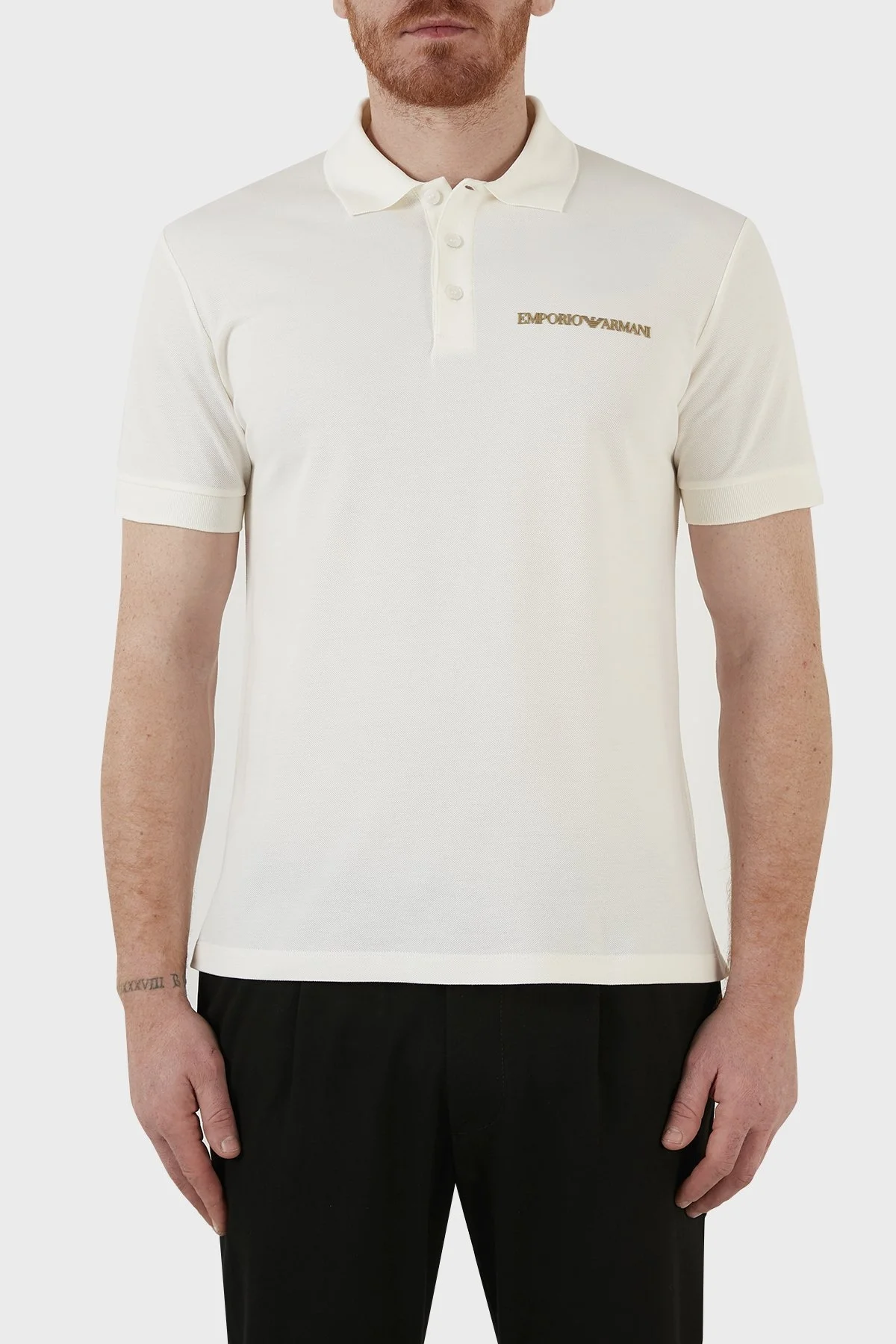 Emporio Armani Sırt Baskılı % 100 Pamuk Düğmeli T Shirt Erkek Polo 3L1F8P 1JX5Z F121 BEYAZ - 1