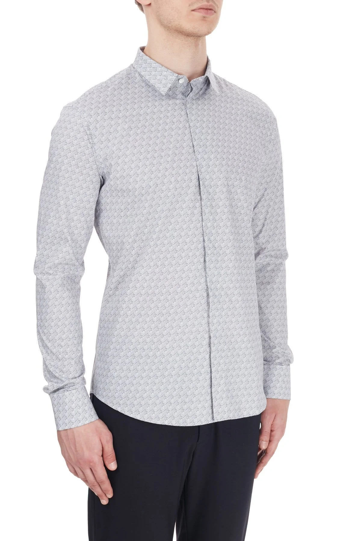 Emporio Armani Slim Fit Logo Baskılı Düz Yaka Pamuklu Erkek Gömlek 6H1C63 1NC0Z F103 AÇIK GRİ - 4