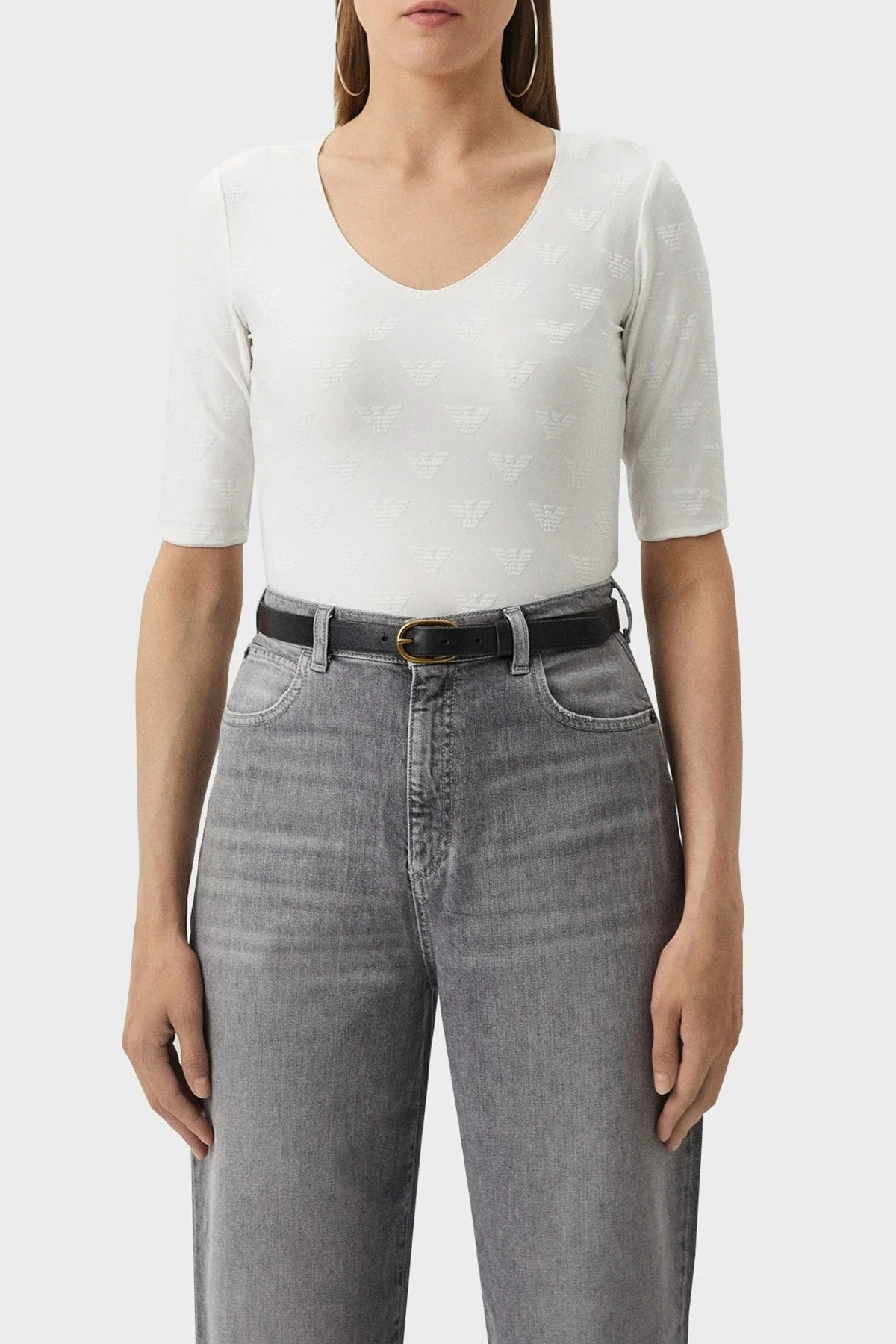 Emporio Armani Streç Jakarlı Jarse V Yaka Bayan T Shirt 8N2M9A 2JHFZ F123 BEYAZ - 1