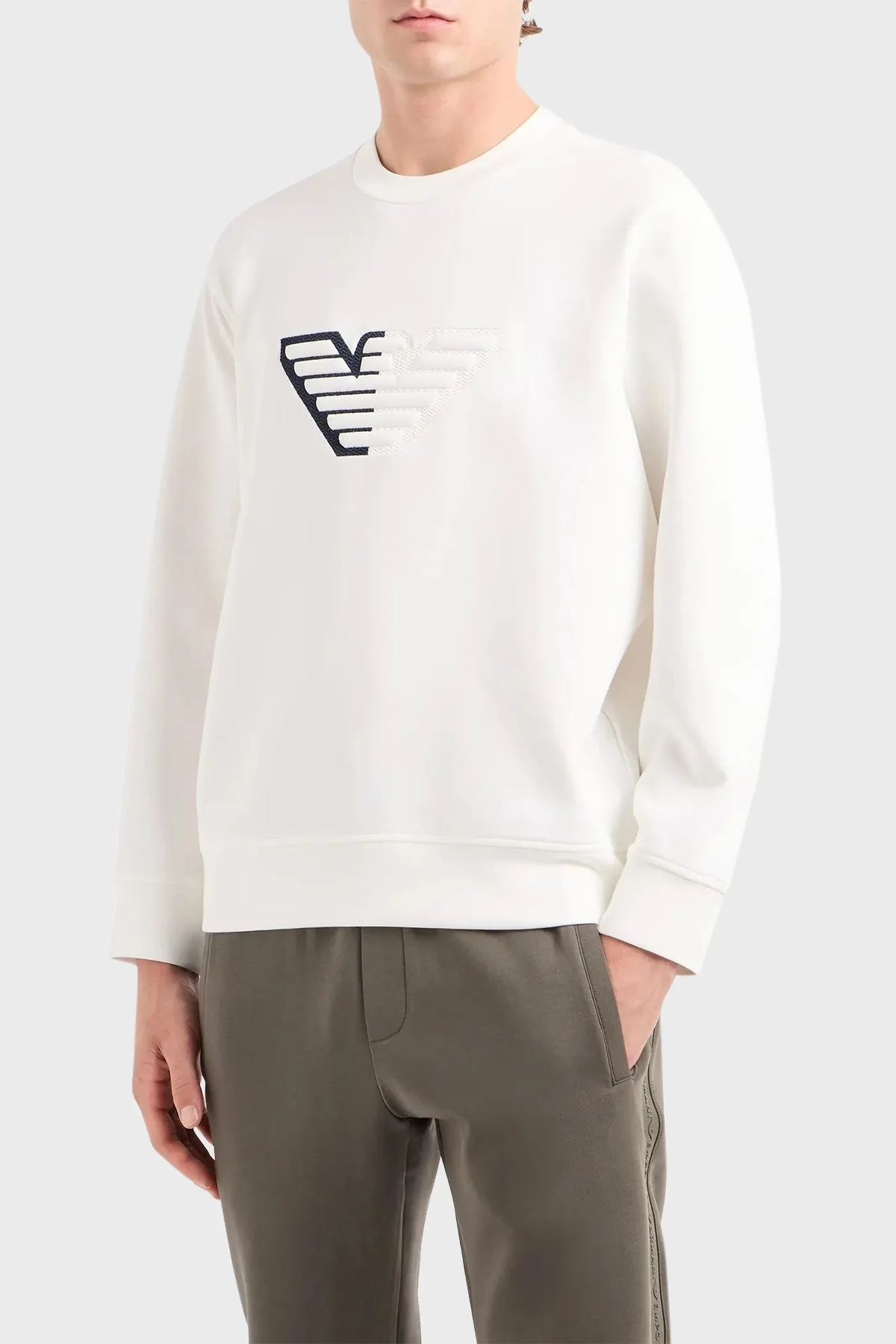 Emporio Armani Streç Pamuklu Bisiklet Yaka Erkek Sweat 6D1M76 1JHSZ 0101 BEYAZ - 1