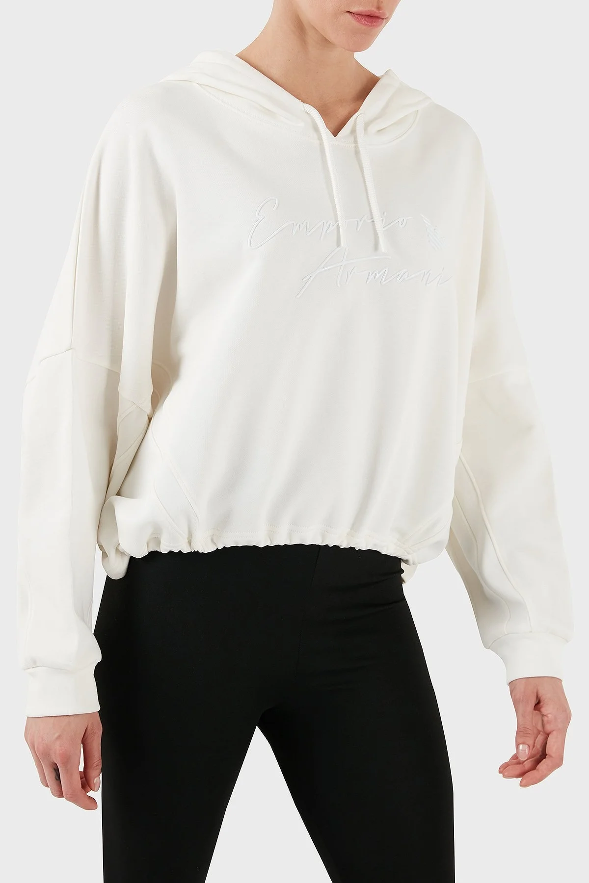 Emporio Armani Streç Pamuklu Boyfirend Fit Kapüşonlu Bayan Sweat 6D2M7F 2J49Z 0101 BEYAZ - 9