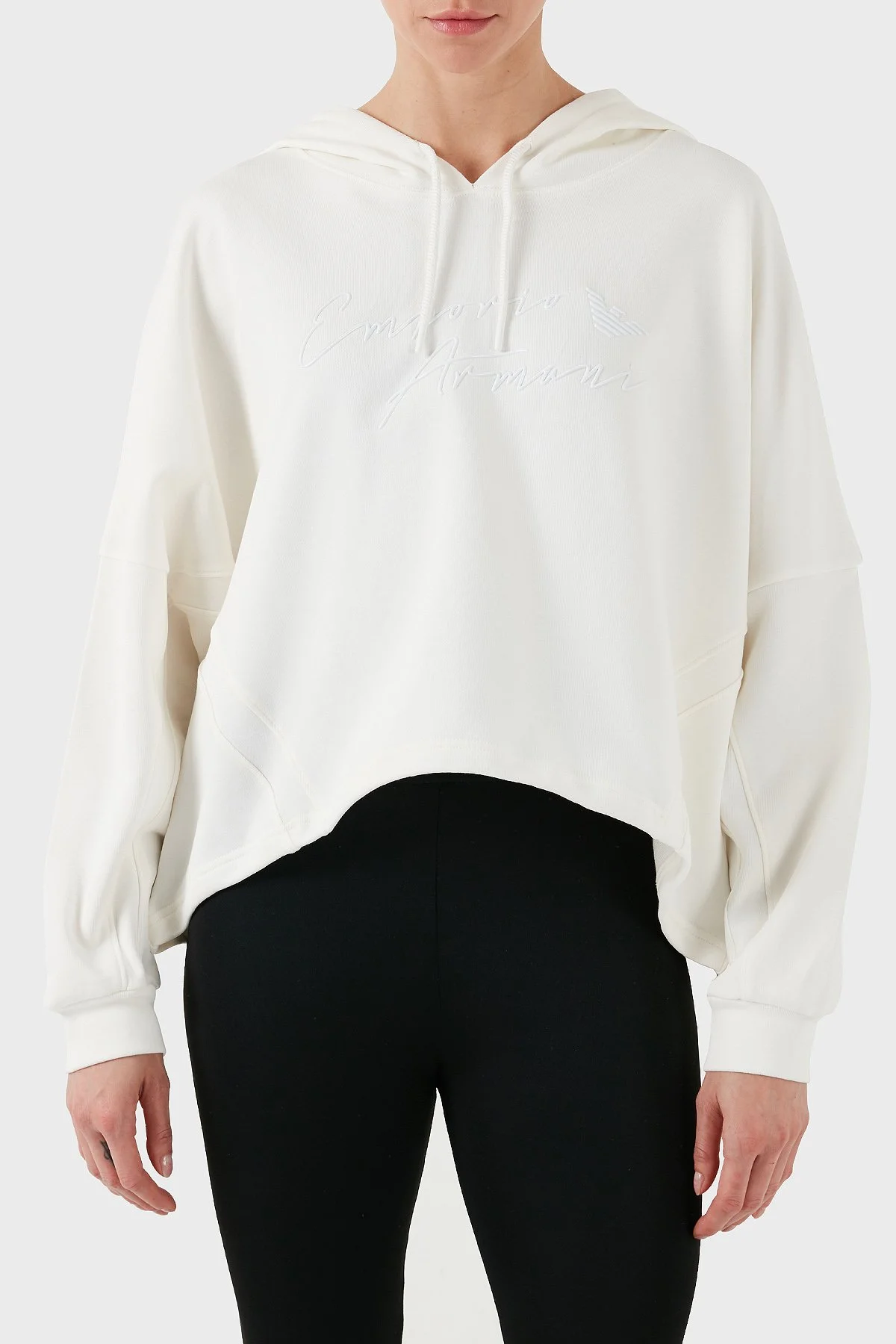 Emporio Armani Streç Pamuklu Boyfirend Fit Kapüşonlu Kadın Sweat 6D2M7F 2J49Z 0101 BEYAZ - 1