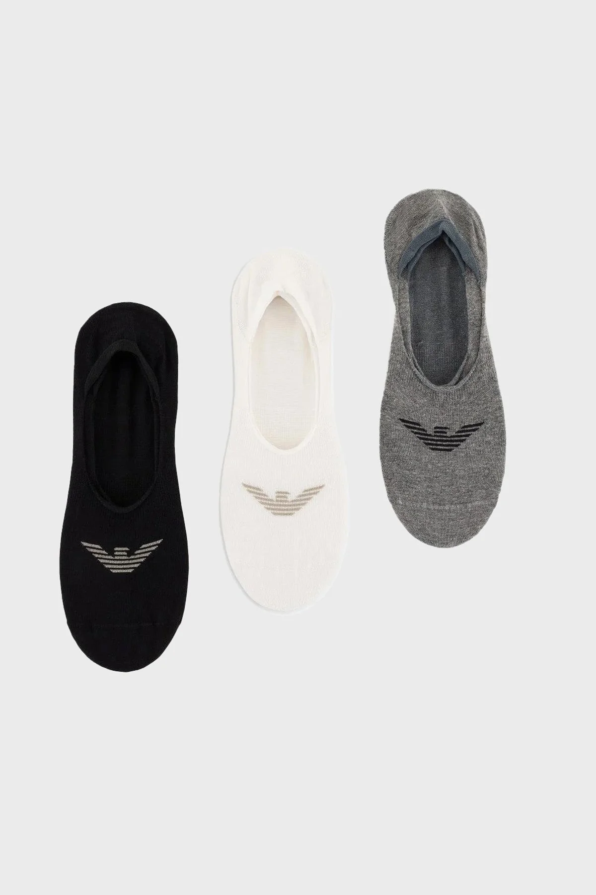 Emporio Armani Streç Pamuklu Logo Baskılı 3 Pack Babet Erkek Çorap EM000548 AF12271 MC059 SİYAH-BEYAZ-GRİ - 1