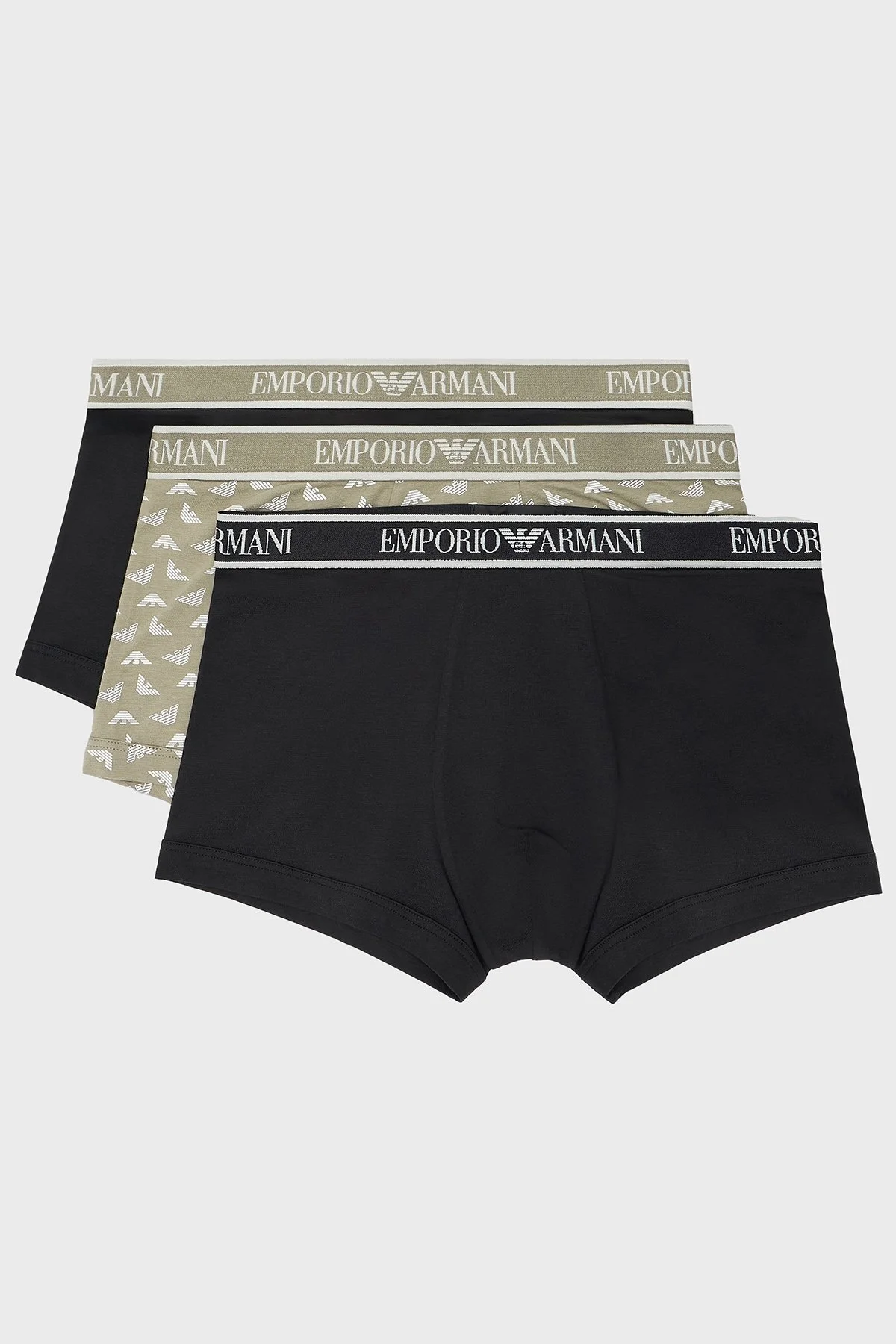 Emporio Armani Streç Pamuklu Logo Baskılı 3 Pack Erkek Boxer EM000370 AF10779 MC065 Haki-Siyah-Siyah - 1