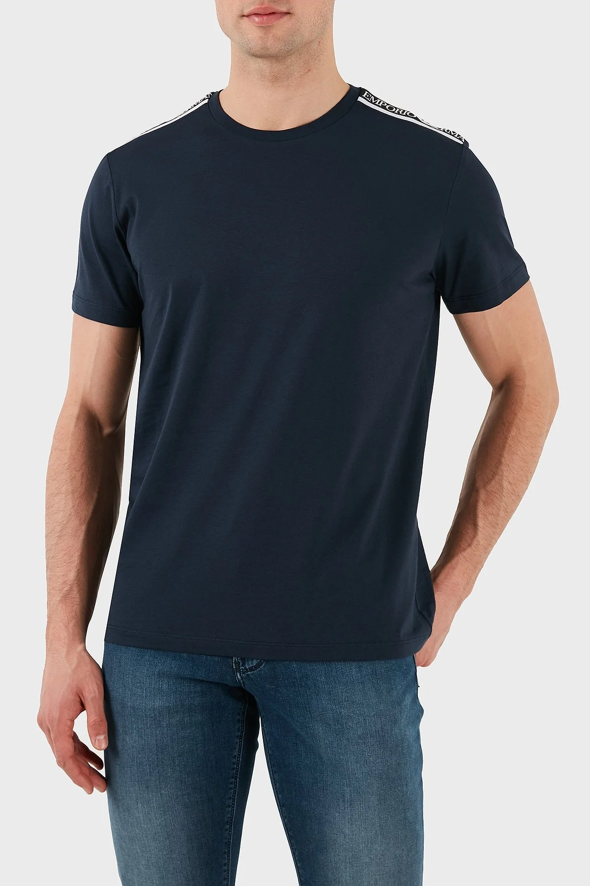 Emporio Armani Streç Pamuklu Logo Baskılı Regular Fit Bisiklet Yaka Erkek T Shirt EM000574 AF12333 UB102 LACİVERT - 1