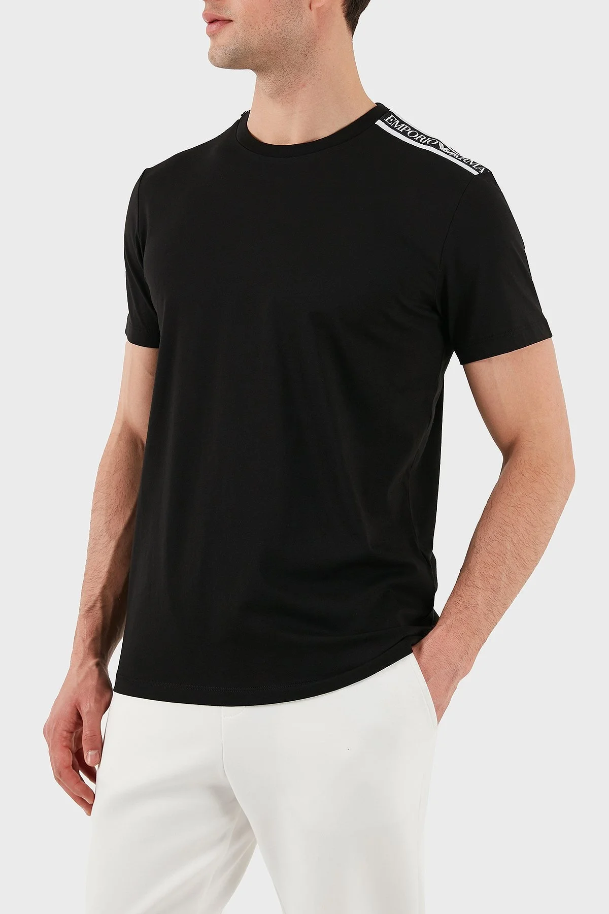 Emporio Armani Streç Pamuklu Logo Baskılı Regular Fit Bisiklet Yaka Erkek T Shirt EM000574 AF12333 UC001 SİYAH - 1