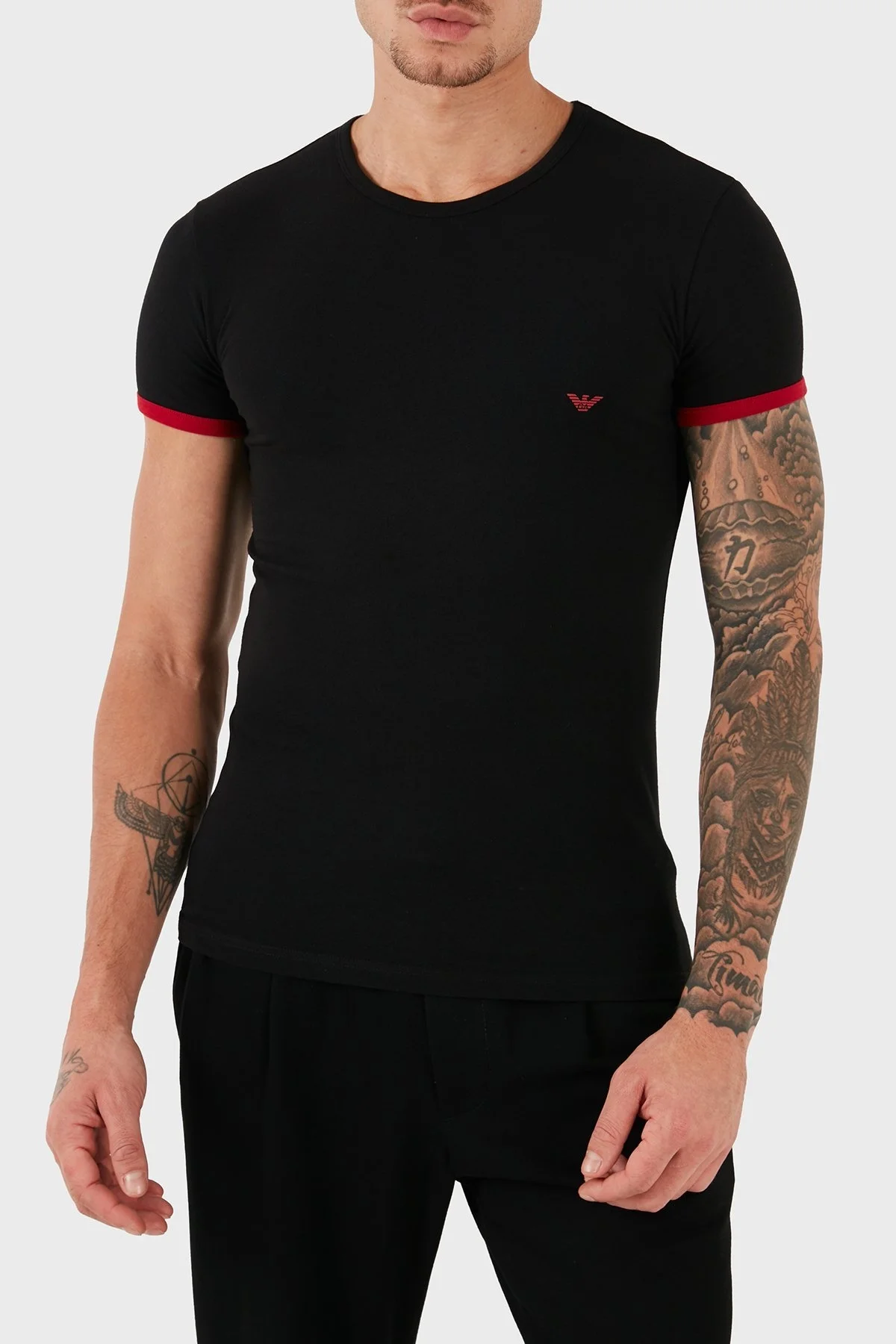 Emporio Armani Streç Pamuklu Logo Baskılı Slim Fit Bisiklet Yaka Erkek T Shirt 111035 5A725 00020 SİYAH - 1