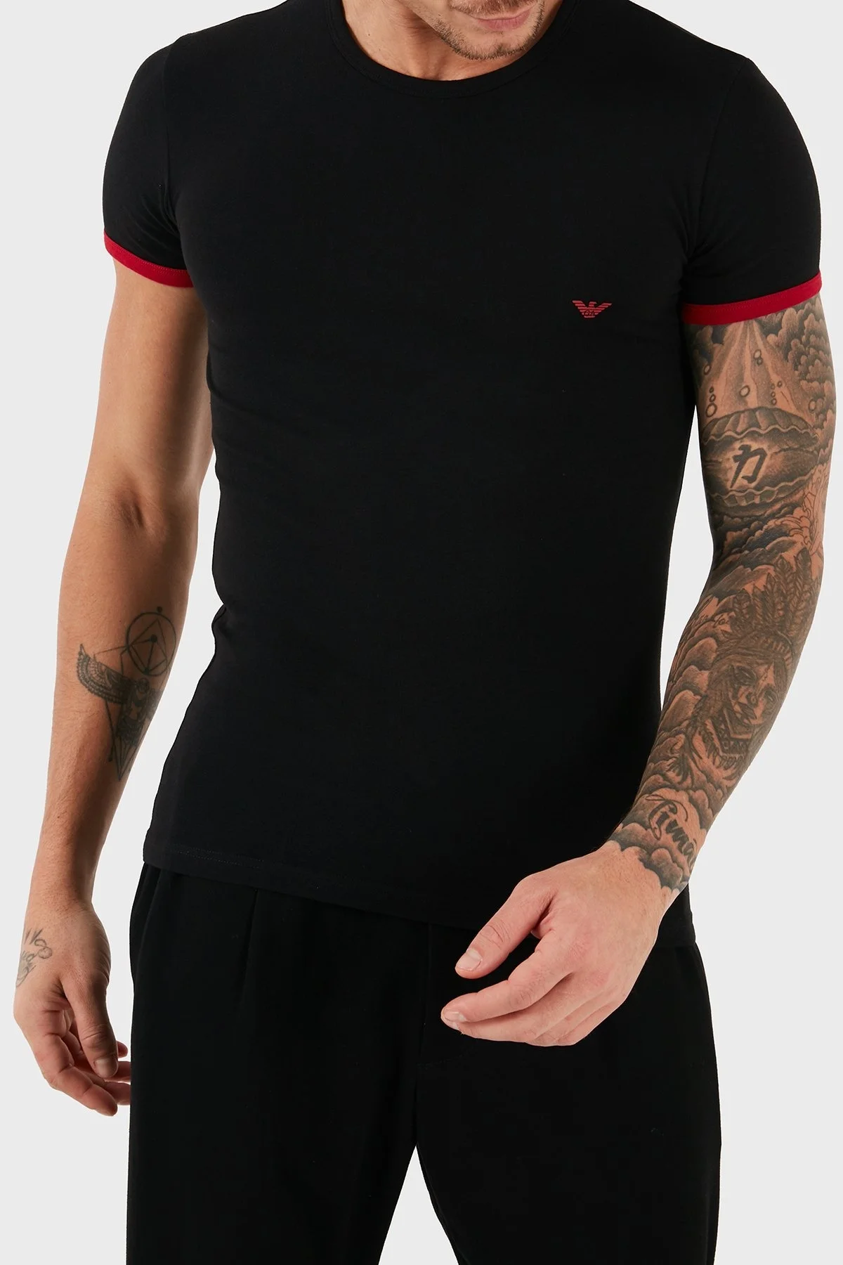 Emporio Armani Streç Pamuklu Logo Baskılı Slim Fit Bisiklet Yaka Erkek T Shirt 111035 5A725 00020 SİYAH - 4