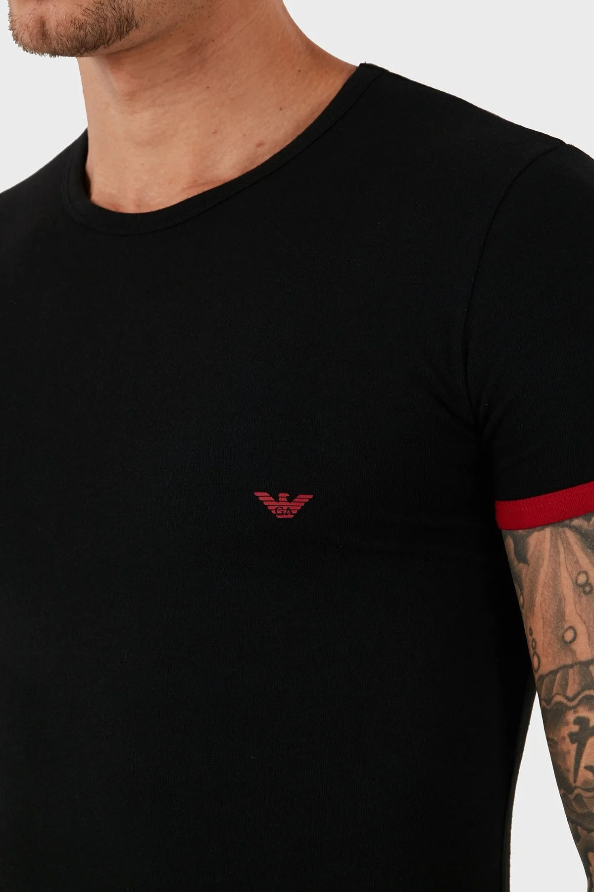 Emporio Armani Streç Pamuklu Logo Baskılı Slim Fit Bisiklet Yaka Erkek T Shirt 111035 5A725 00020 SİYAH - 5