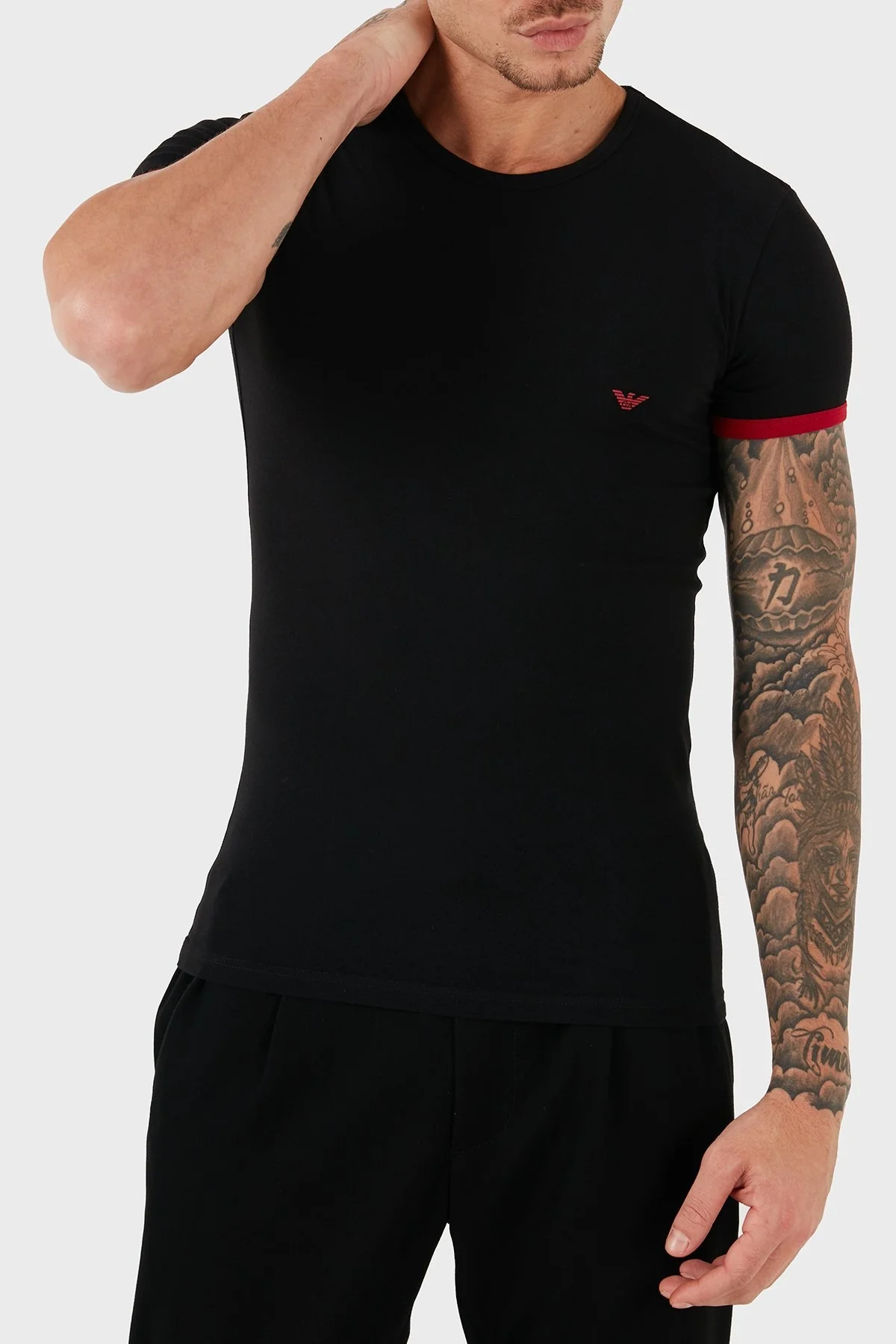 Emporio Armani Streç Pamuklu Logo Baskılı Slim Fit Bisiklet Yaka Erkek T Shirt 111035 5A725 00020 SİYAH - 8