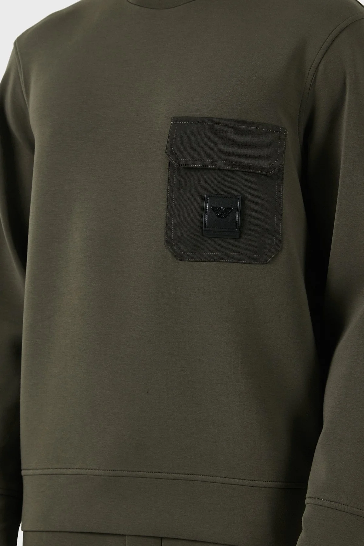 Emporio Armani Streç Pamuklu Regular Fit Tek Cepli Bisiklet Yaka Erkek Sweat EM002925 AF10013 U8120 HAKİ - 12