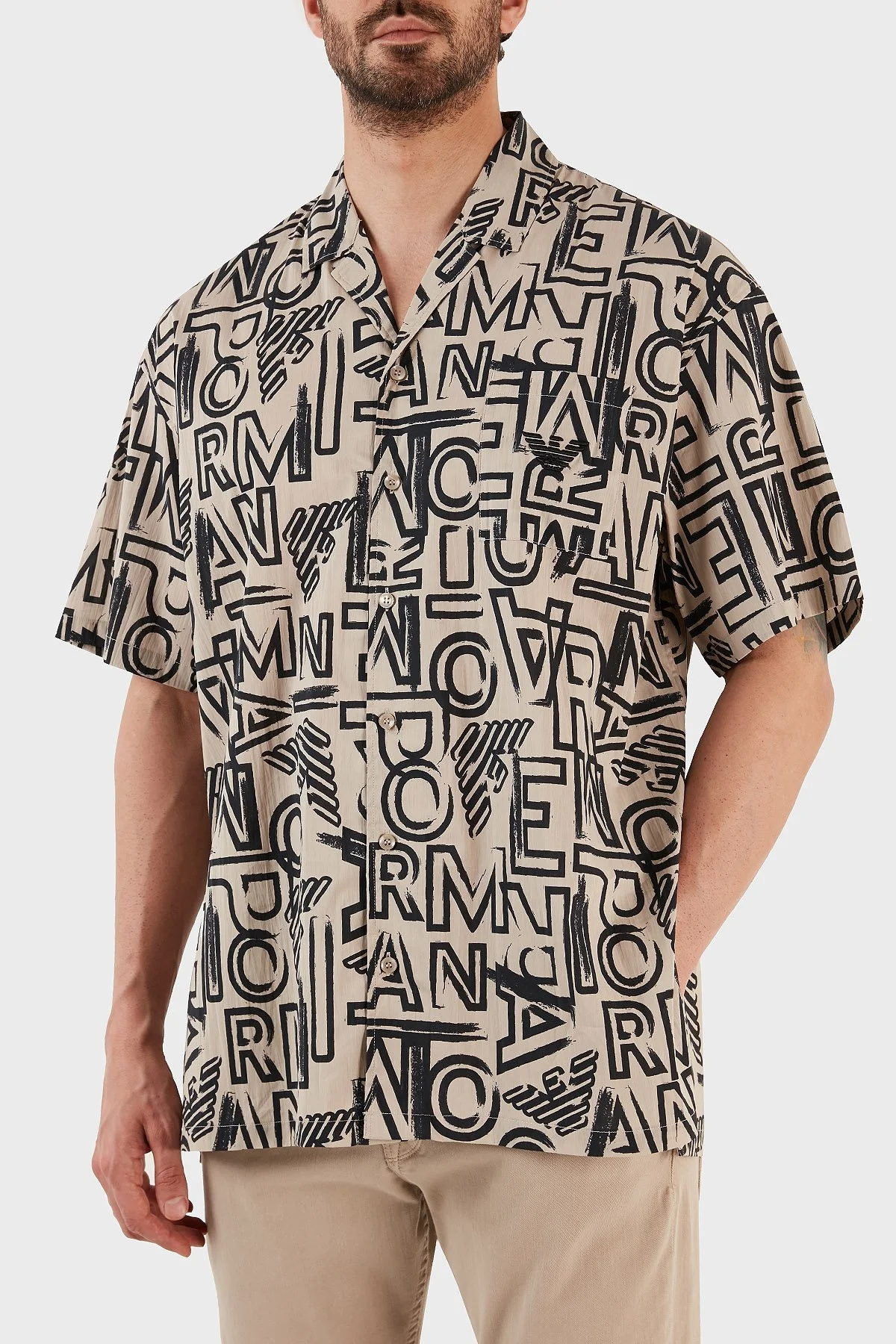 Emporio Armani Streç Pamuklu Regular Fit Tek Cepli Erkek Gömlek 211846 3R466 21031 BEJ - 2