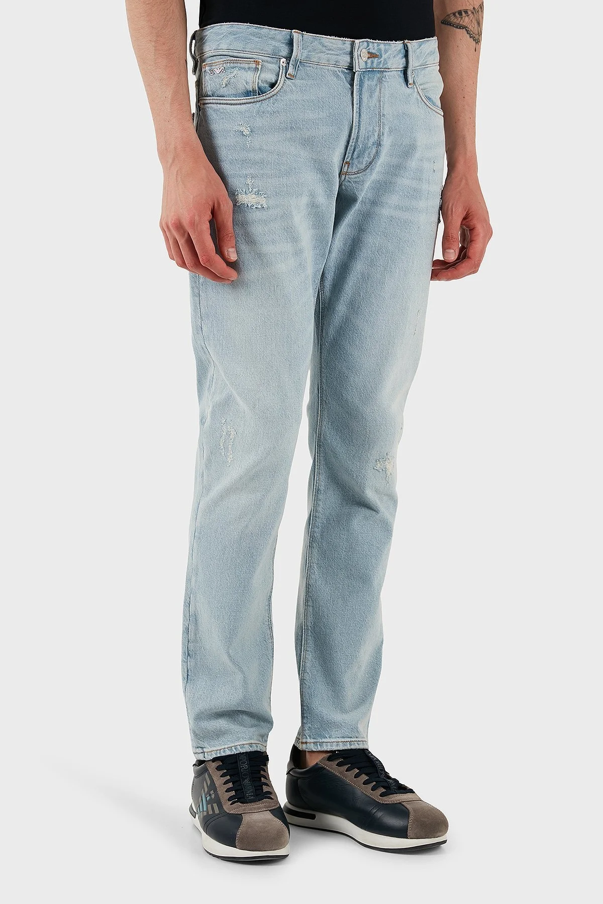 Emporio Armani Streç Pamuklu Slim Fit Düşük Bel Dar Paça Jeans Erkek Kot Pantolon EM000121 AF13281 MB003 AÇIK MAVİ - 7
