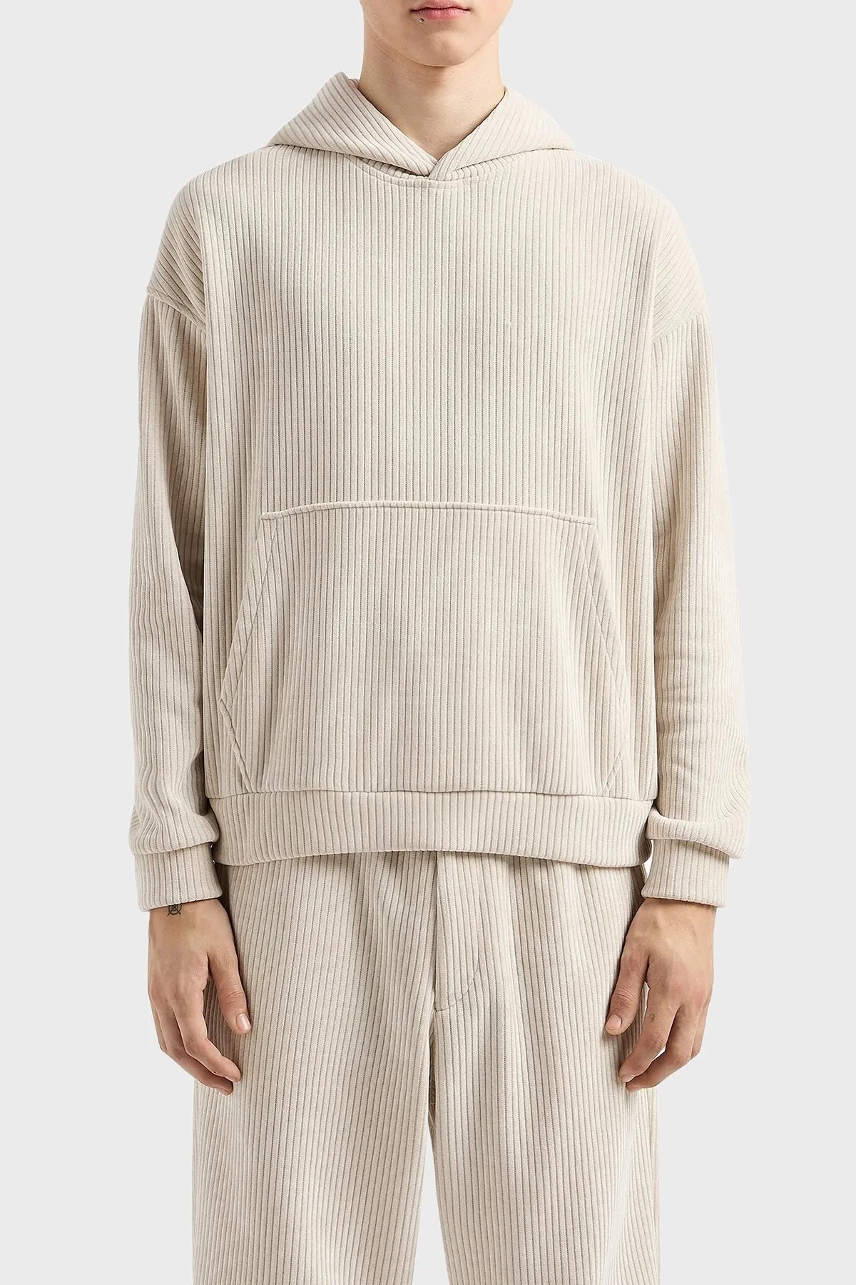 Emporio Armani Streç Yumuşak Dokulu Kapüşonlu Kadife Erkek Sweat 6D1M6V 1JHNZ 0135 BEYAZ - 1