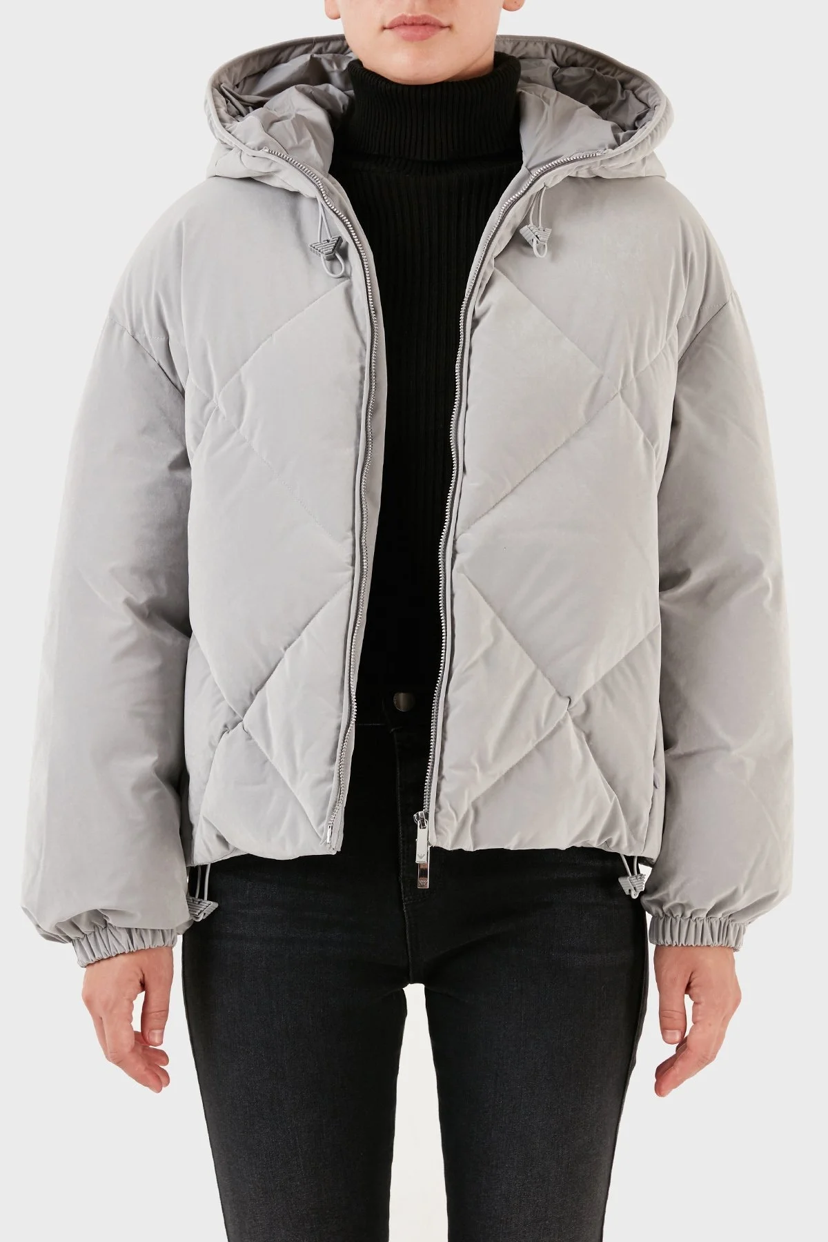 Emporio Armani Su Geçirmez Kuş Tüyü Dolgulu Kapüşonlu Şişme Bayan Mont 6R2B79 2NFEZ 0608 GRİ - 4