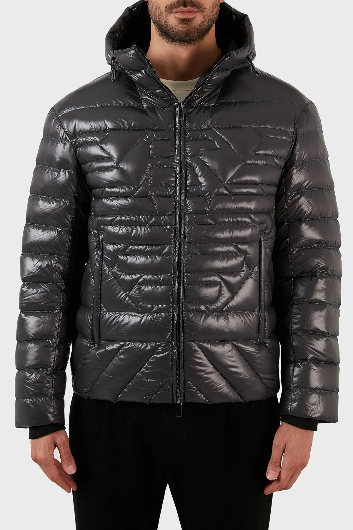 Emporio Armani Su Geçirmez Slim Fit Kuş Tüyü Dolgulu Kapüşonlu Şişme Erkek Mont 6L1BN7 1NPDZ 0651 GRİ - 1