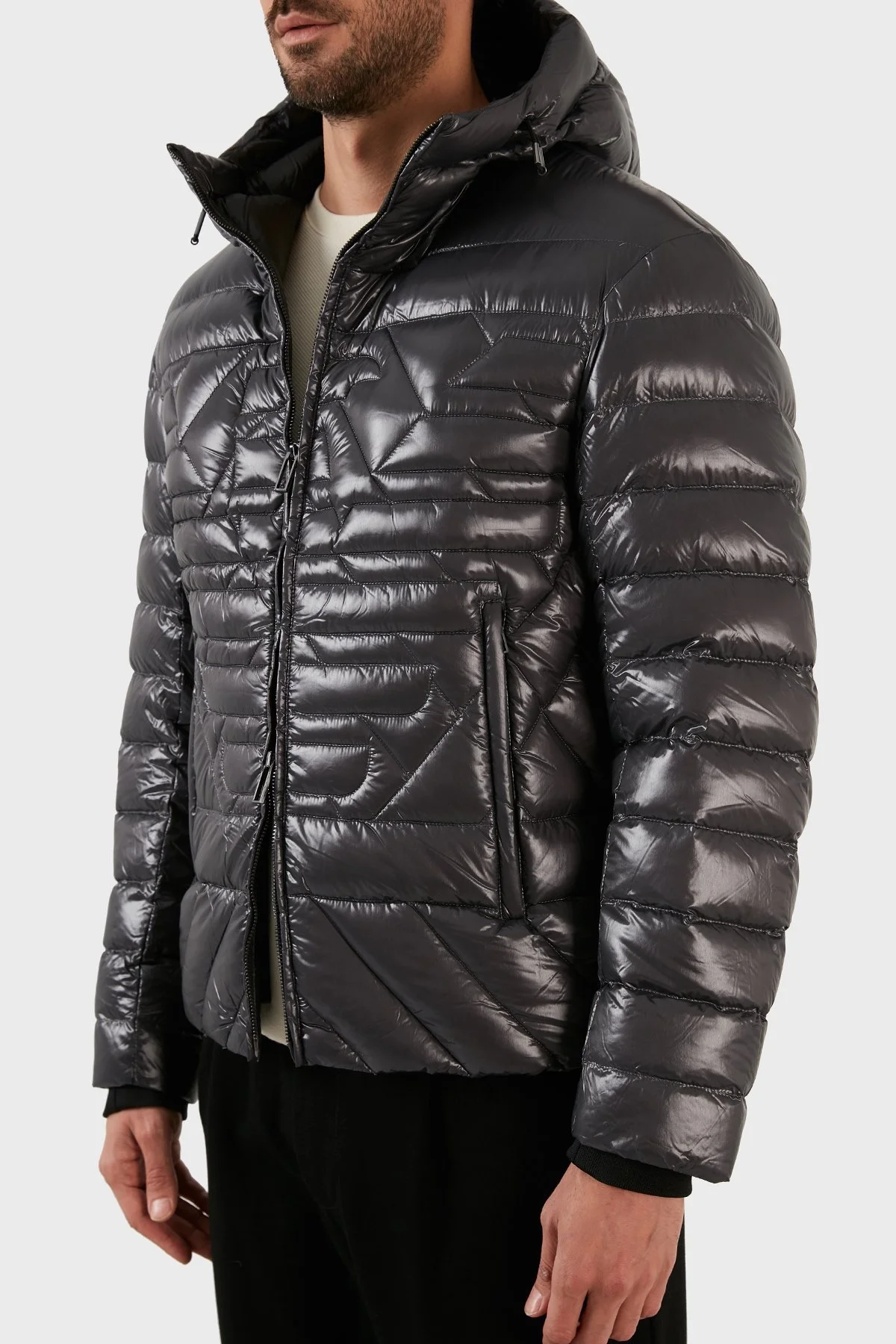 Emporio Armani Su Geçirmez Slim Fit Kuş Tüyü Dolgulu Kapüşonlu Şişme Erkek Mont 6L1BN7 1NPDZ 0651 GRİ - 6