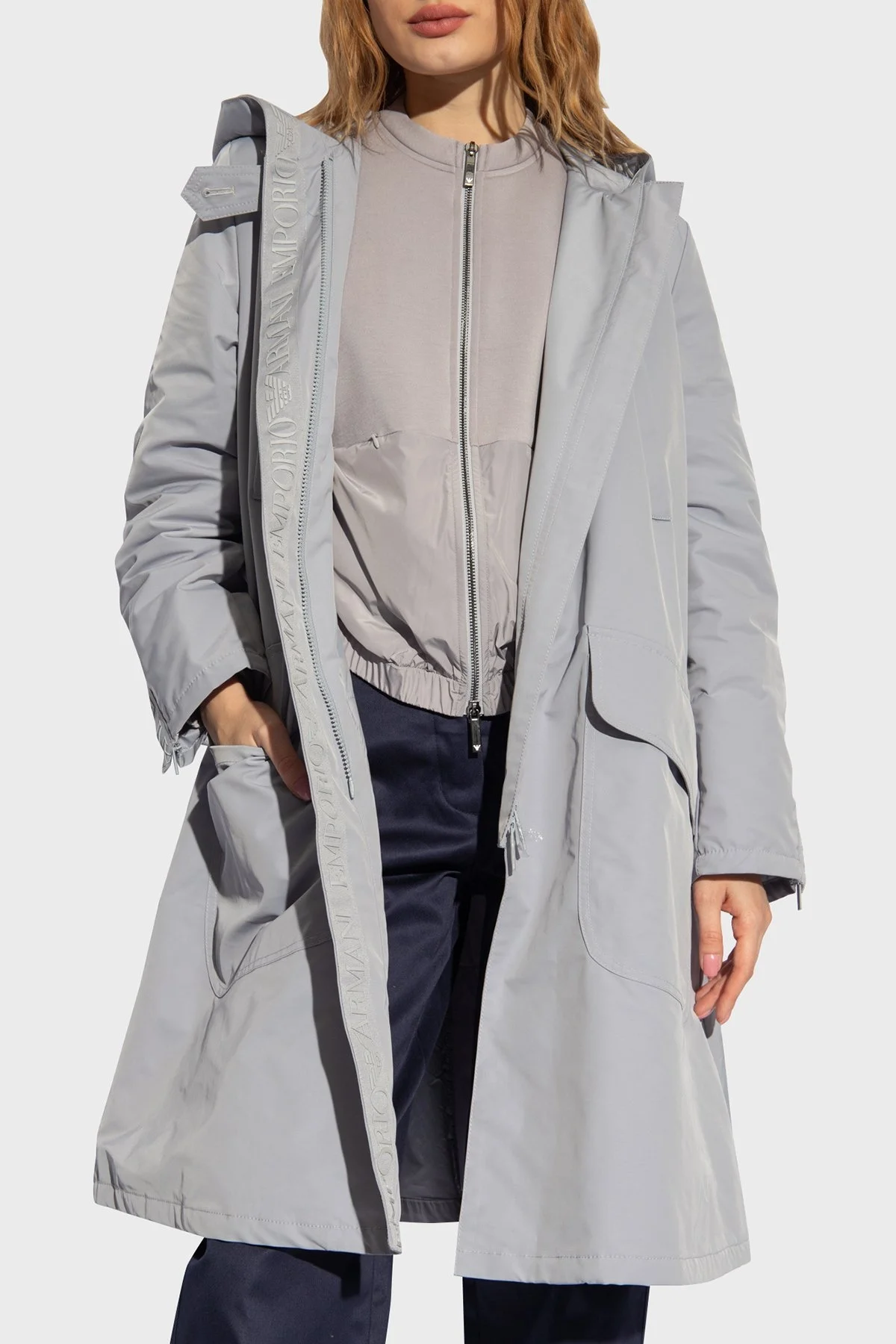 Emporio Armani Suya Dayanıklı Kapüşonlu Bayan Kaban 3D2L74 2NFNZ 0802 GRİ - 1