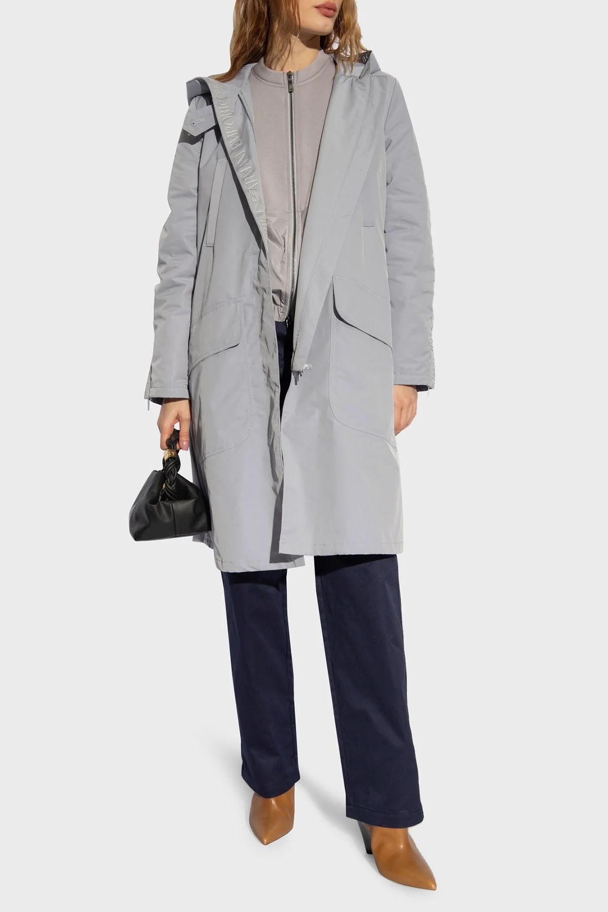 Emporio Armani Suya Dayanıklı Kapüşonlu Bayan Kaban 3D2L74 2NFNZ 0802 GRİ - 3