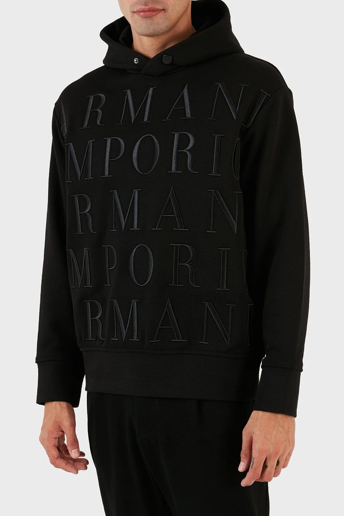 Emporio Armani Tamamı Logo Kabartmalı % 100 Pamuk Kapüşonlu Regular Fit Erkek Sweat 6R1MCR 1JWPZ 0999 SİYAH - 3