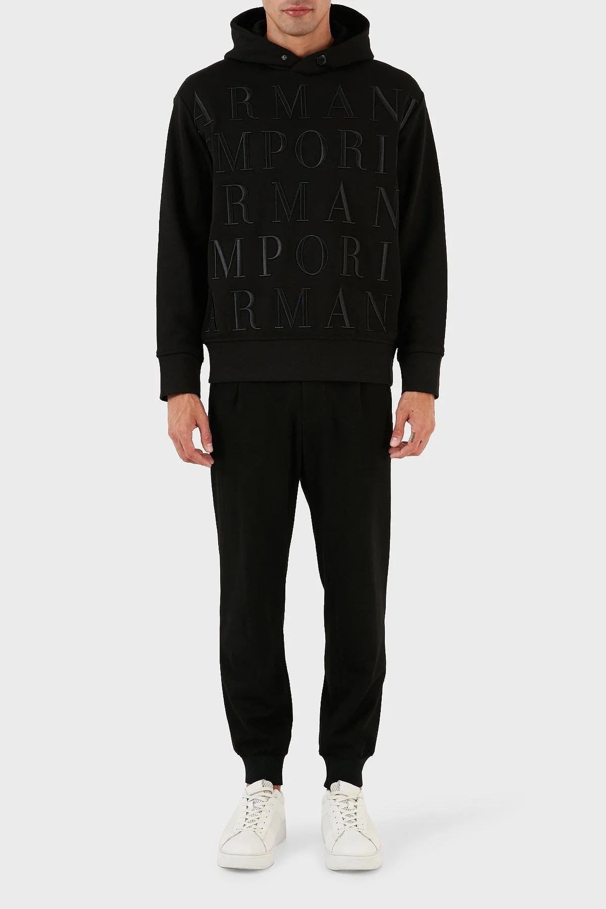 Emporio Armani Tamamı Logo Kabartmalı % 100 Pamuk Kapüşonlu Regular Fit Erkek Sweat 6R1MCR 1JWPZ 0999 SİYAH - 4