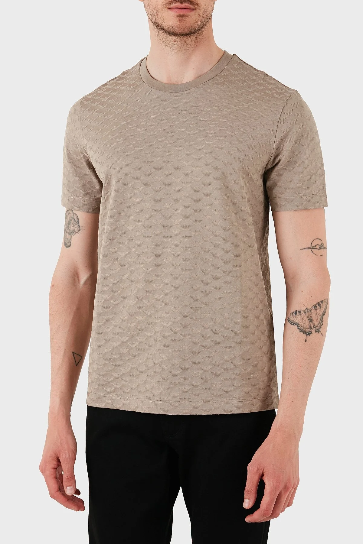 Emporio Armani Tamamı Logolu % 100 Pamuk Slim Fit Bisiklet Yaka Erkek T Shirt 8N1TL7 1JHWZ U6167 BEJ - 1
