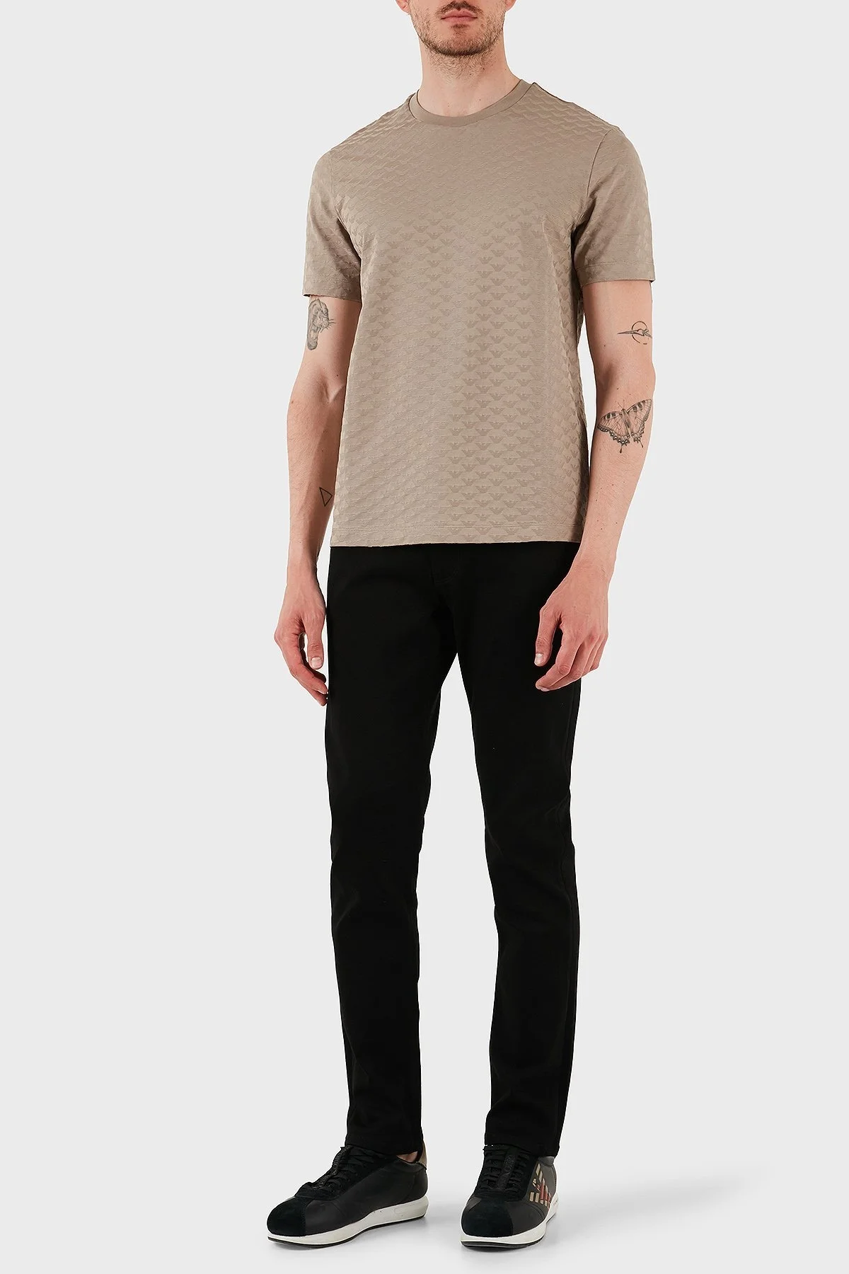 Emporio Armani Tamamı Logolu % 100 Pamuk Slim Fit Bisiklet Yaka Erkek T Shirt 8N1TL7 1JHWZ U6167 BEJ - 2