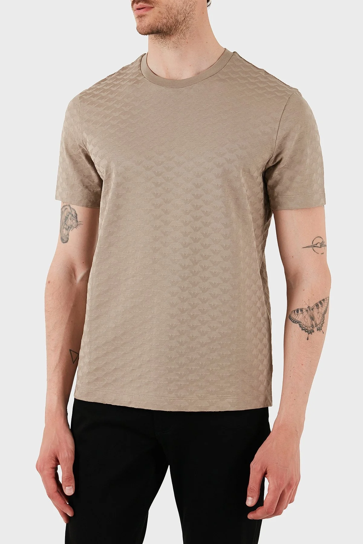 Emporio Armani Tamamı Logolu % 100 Pamuk Slim Fit Bisiklet Yaka Erkek T Shirt 8N1TL7 1JHWZ U6167 BEJ - 4