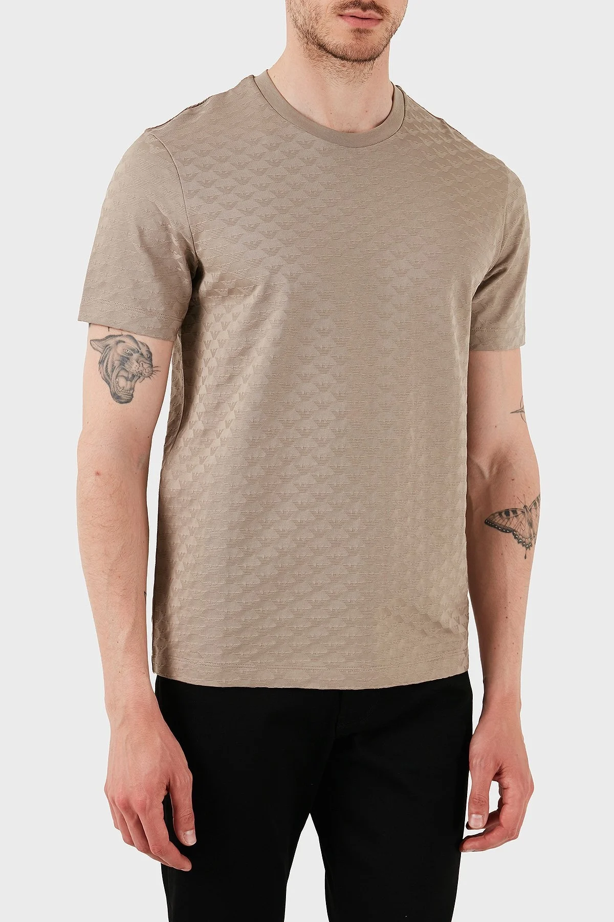 Emporio Armani Tamamı Logolu % 100 Pamuk Slim Fit Bisiklet Yaka Erkek T Shirt 8N1TL7 1JHWZ U6167 BEJ - 5