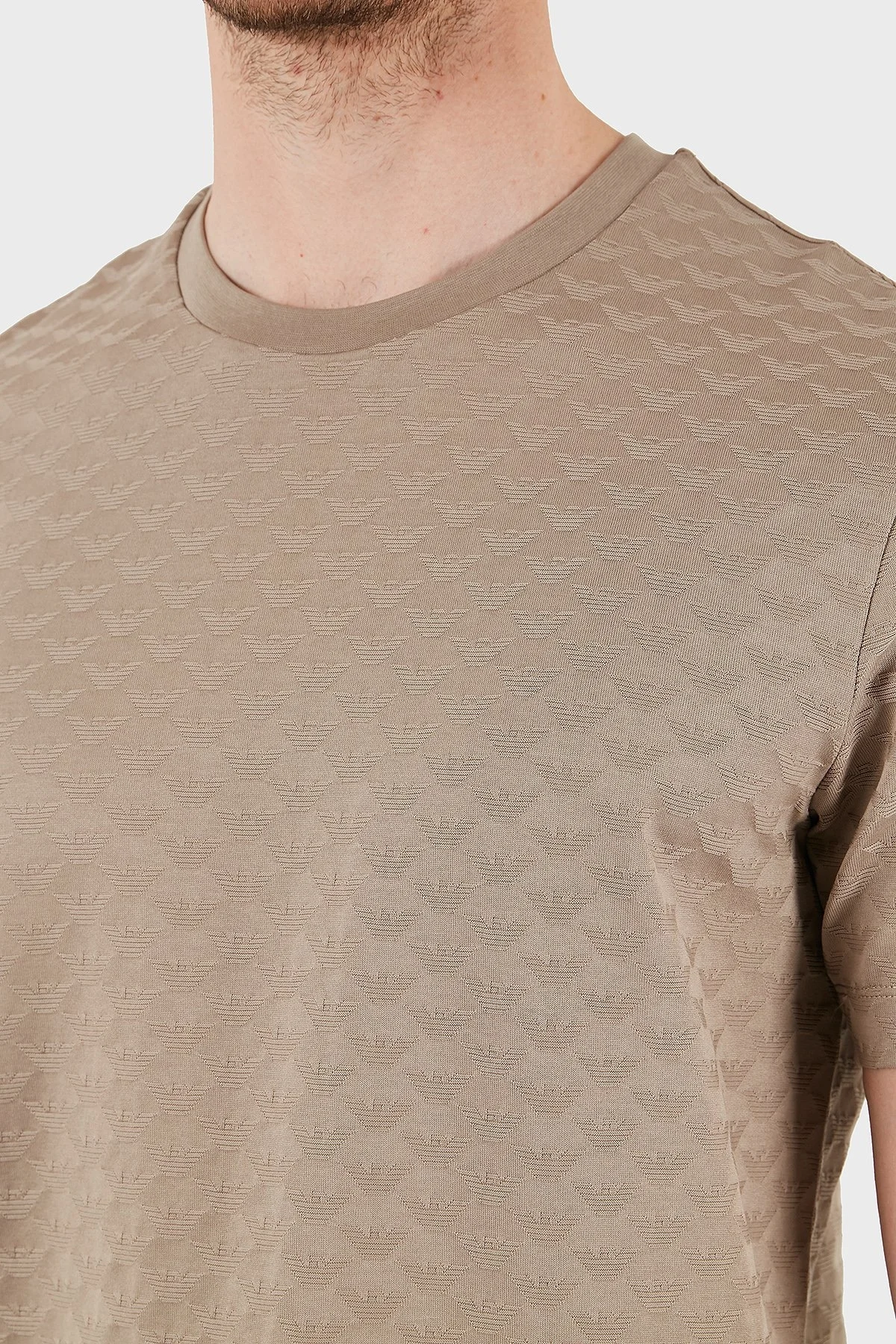 Emporio Armani Tamamı Logolu % 100 Pamuk Slim Fit Bisiklet Yaka Erkek T Shirt 8N1TL7 1JHWZ U6167 BEJ - 6