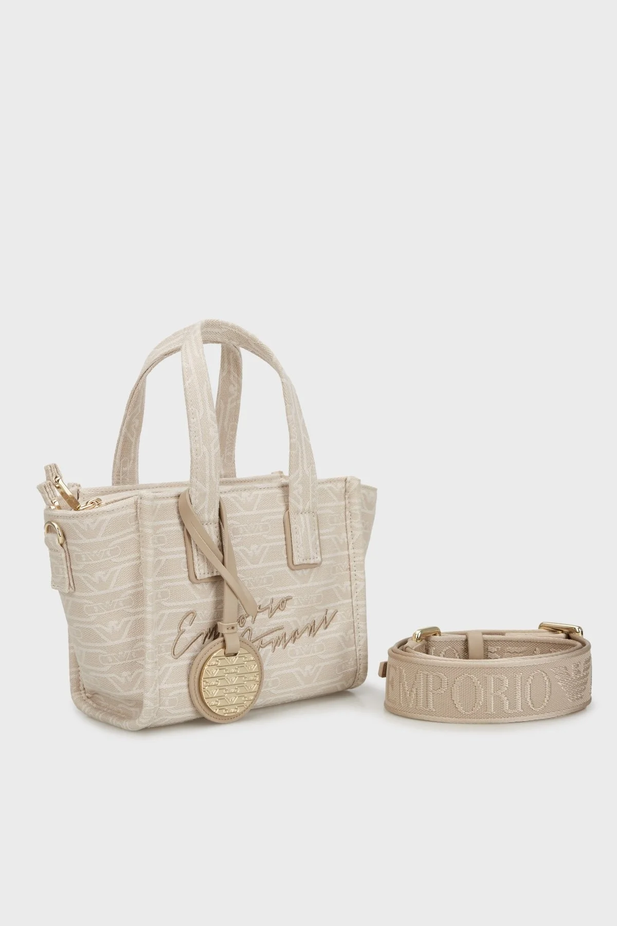Emporio Armani Tamamı Logolu Çıkarılabilir Askılı Kanvas Bayan Çanta EW000371 AF12993 F1073 KREM - 3