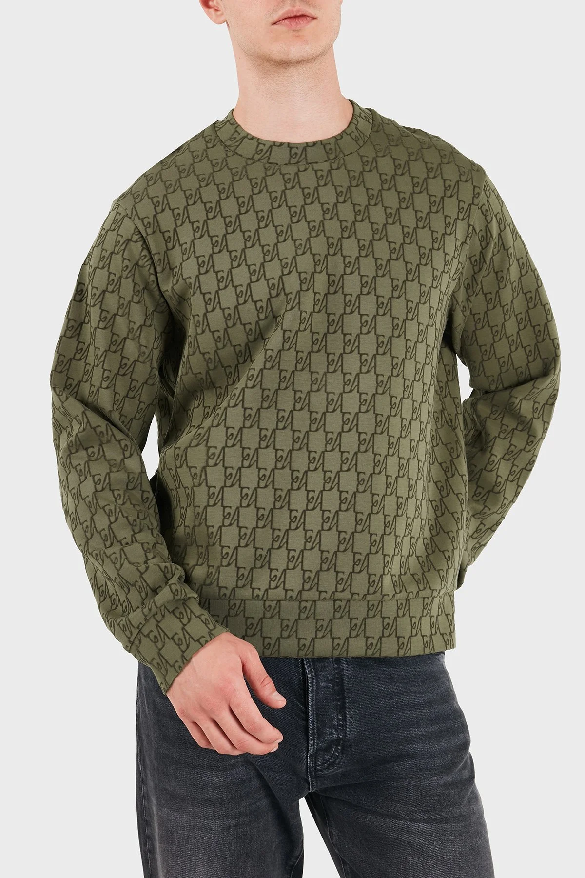 Emporio Armani Tamamı Logolu Pamuklu Bisiklet Yaka Erkek Sweat EM006874 AF10013 F7196 Haki - 1