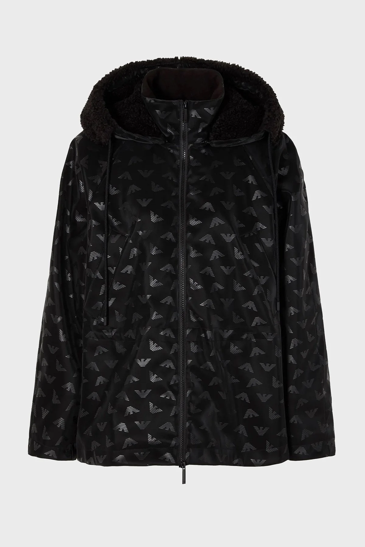 Emporio Armani Tamamı Logolu Polar Astarlı Gabardin Kumaştan Kapüşonlu Bayan Ceket 6R2B82 2NFHZ 0999 SİYAH - 6