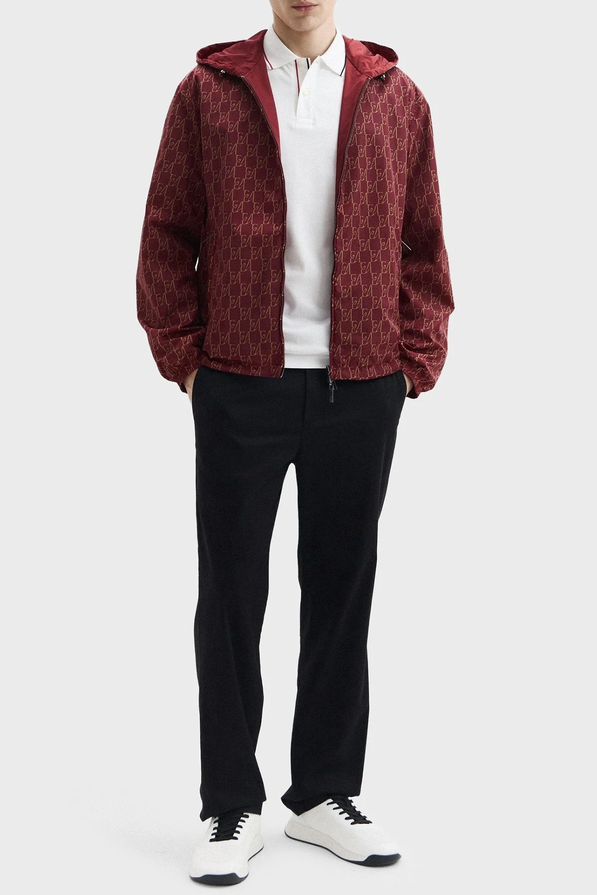 Emporio Armani Tamamı Logolu Suya Dayanıklı Kapüşonlu Erkek Ceket EM006751 AF12021 FB518 Bordo - 2