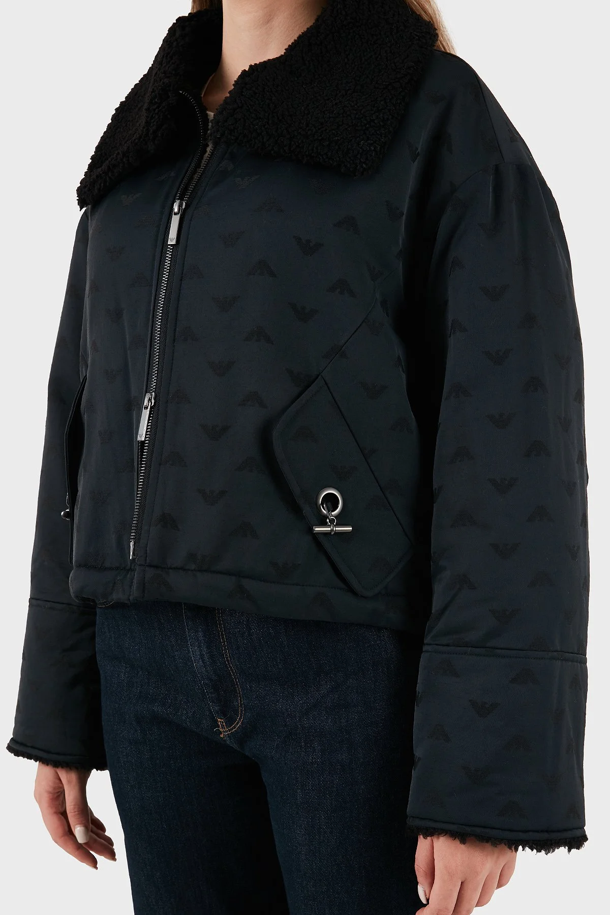 Emporio Armani Tamamı Logolu Yün Karışımlı Klasik Yaka Fermuarlı Bayan Mont EW001392 AF14362 UC001 SİYAH - 5