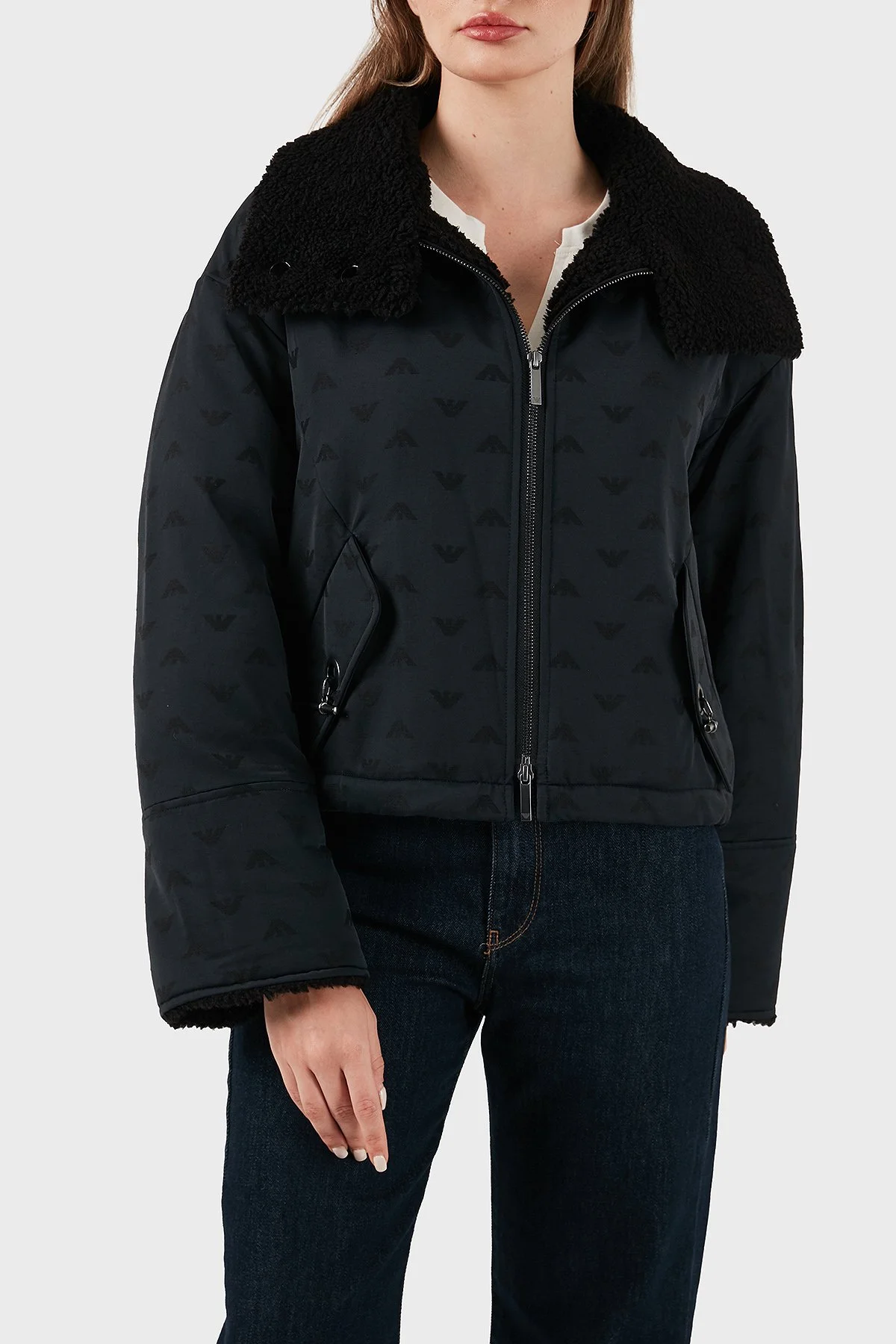 Emporio Armani Tamamı Logolu Yün Karışımlı Klasik Yaka Fermuarlı Bayan Mont EW001392 AF14362 UC001 SİYAH - 6