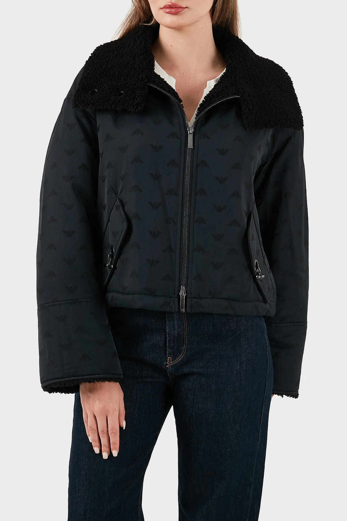 Emporio Armani Tamamı Logolu Yün Karışımlı Klasik Yaka Fermuarlı Kadın Mont EW001392 AF14362 UC001 SİYAH - 1